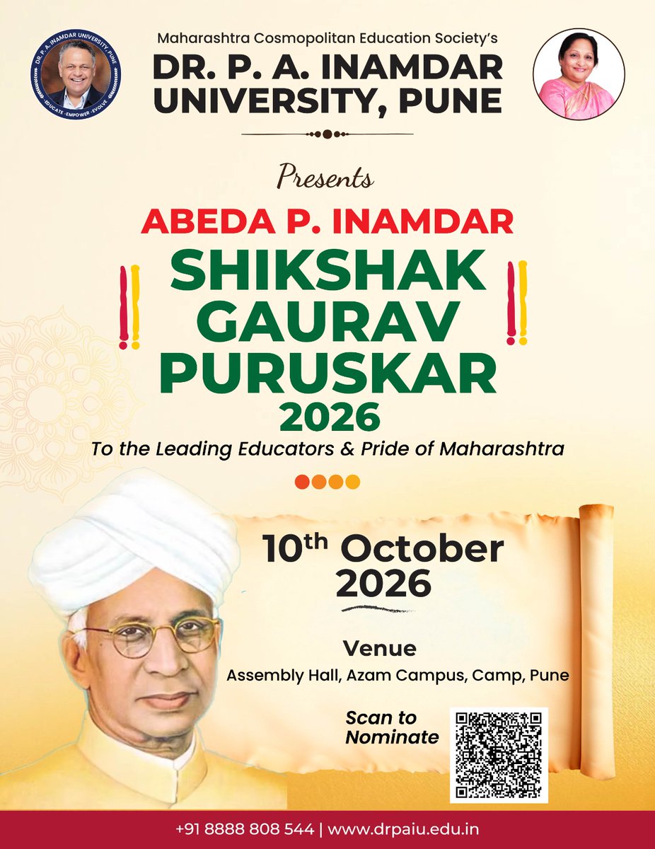 VEDA_PUNE's tweet photo. Celebrating the Leaders Who Shape the Future of Education!
Award Ceremony: 10th October 2026
Time: 11:00 am onwards
Venue: MCE Society, Assembly Hall, Azam Campus. Camp. Pune
Nomination Link:
https://t.co/MqSSpYFOYh
#Shikshakgauravpuruskar #drpaiu #VEDACollege #azamcampus #pune https://t.co/I6CG80lBil