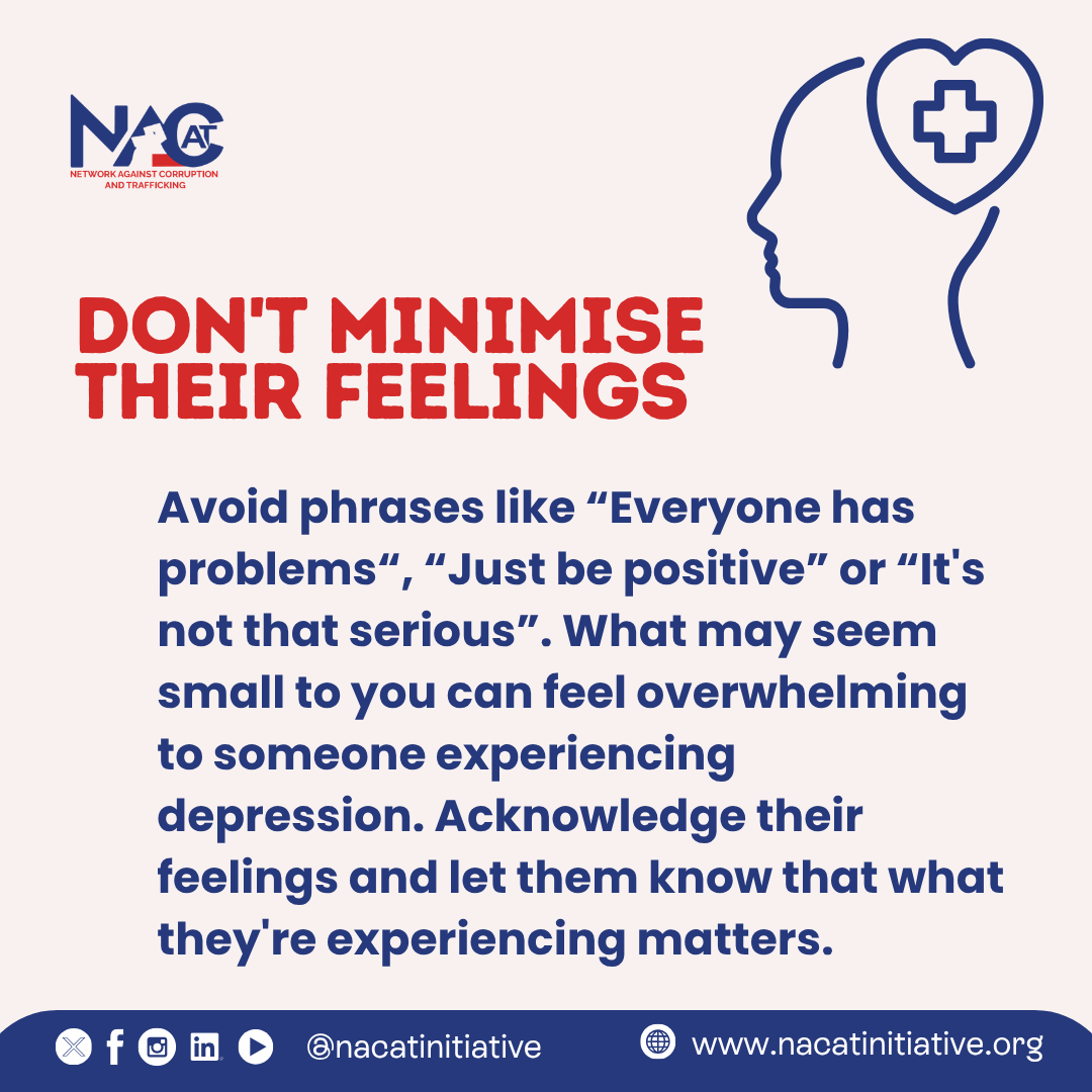NacatInitiative's tweet photo. Supporting someone experiencing depression doesn't mean having all the answers.
Sometimes, it starts with simply listening without judgment, checking in regularly, taking their feelings seriously, and encouraging them to seek professional support when needed.
#NACAT https://t.co/Yr0tp0niVJ