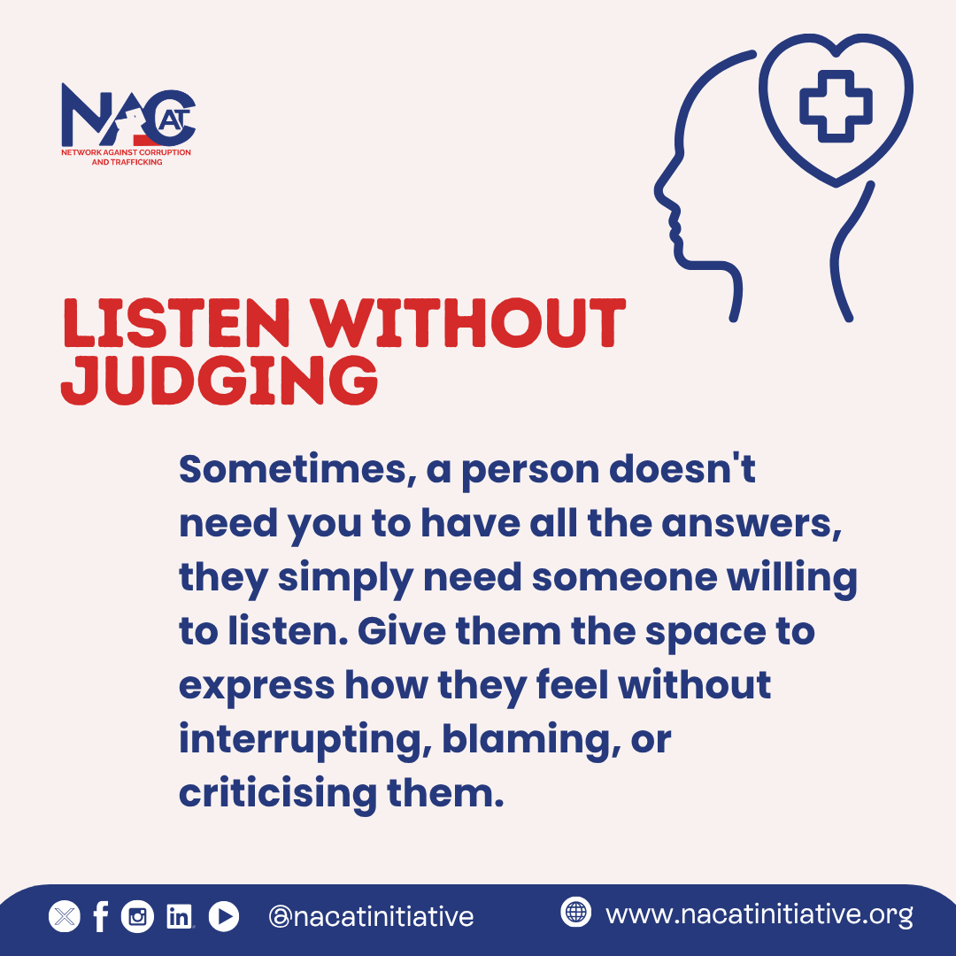 NacatInitiative's tweet photo. Supporting someone experiencing depression doesn't mean having all the answers.
Sometimes, it starts with simply listening without judgment, checking in regularly, taking their feelings seriously, and encouraging them to seek professional support when needed.
#NACAT https://t.co/Yr0tp0niVJ