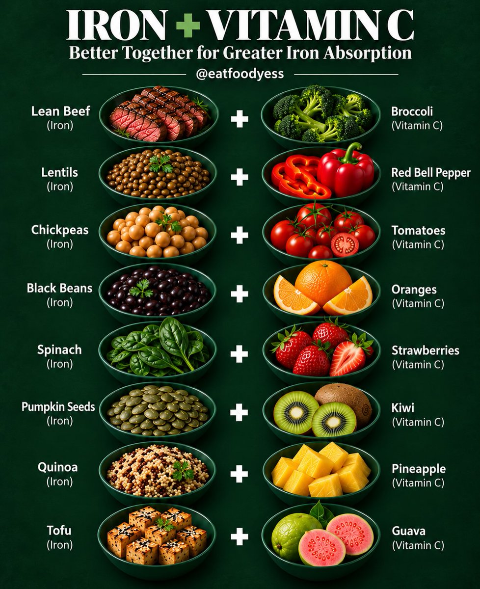 SundayVixkpze's tweet photo. Pairing iron-rich foods with vitamin C-rich foods helps your body absorb more iron, especially from plants. Try lean beef with broccoli, lentils with bell peppers, or spinach with strawberries for more nutritious meals. https://t.co/fSkp7ZQPZS