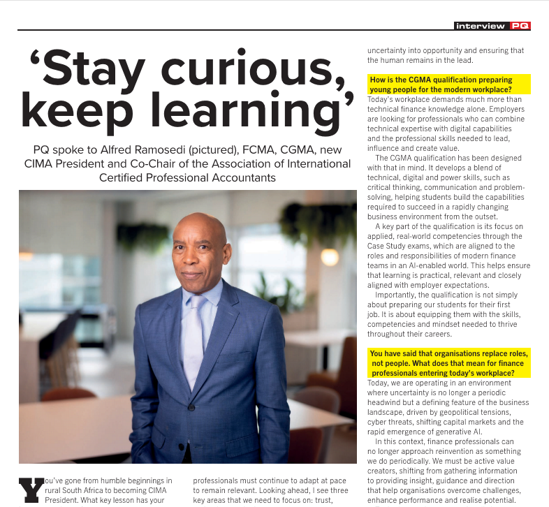 PQMagazine's tweet photo. Trust is a management accountant’s most valuable currency, says CIMA President Alfred Ramosedi. He also feels you need to stay curious and keep learning, and you can read his story on page 23: https://t.co/ZFaw03ajyZ https://t.co/Kz3l5NOiKx