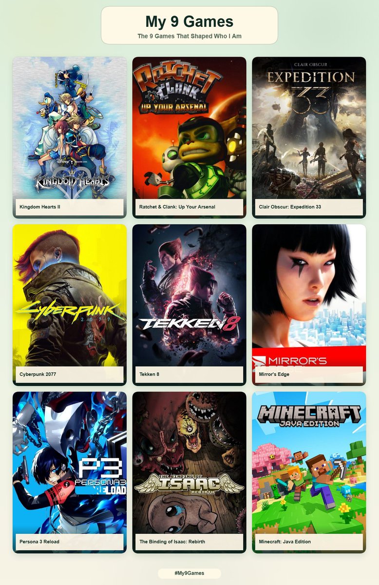 Dinzjrtk's tweet photo. Been seeing a ton of 9 game images and wanted to hop in. It is so hard to only pick 9. https://t.co/oxeGSXoSDY
