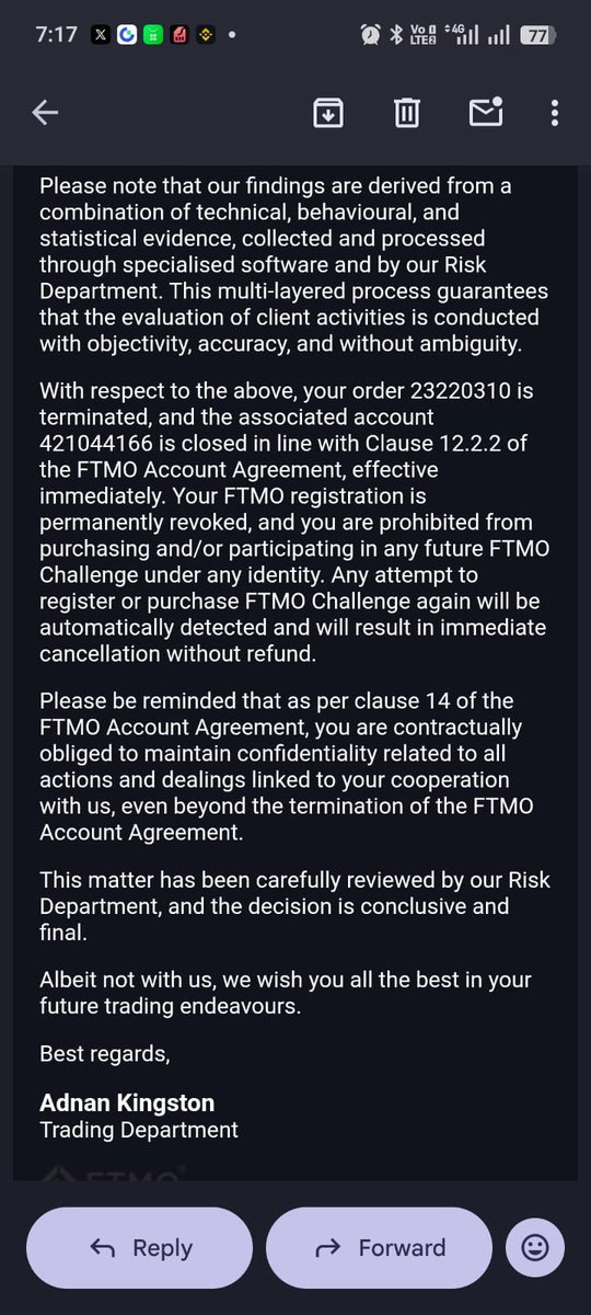 AshuFX7A's tweet photo. FTMO terminated my $100K funded account after I requested a $741 payout, citing “cross-account hedging.” I had a score of 96%. I only took below 1.5% risk/trade. I request proof of the allegations from FTMO, they are not listening, kindly HELP @PropFirmsGuru @syed51234 https://t.co/fLqA7bahnO