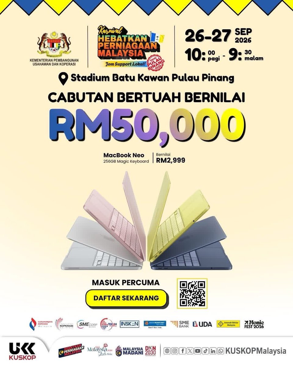 KUSKOPMalaysia's tweet photo. 🔥 TAK KAN BALIK TANGAN KOSONG 🤩

Bukan satu, bukan dua… pelbagai hadiah menarik menanti anda! 😍 jom ke Karnival HPM hujung minggu ni!

📍 Stadium Batu Kawan, Pulau Pinang
📆 26–27 September 2026
⏰ 10.00 pagi – 9.30 malam

🔗 https://t.co/bAFSSY7F6d

#KUSKOP
#MalaysiaMADANI https://t.co/BR9MObCSJO