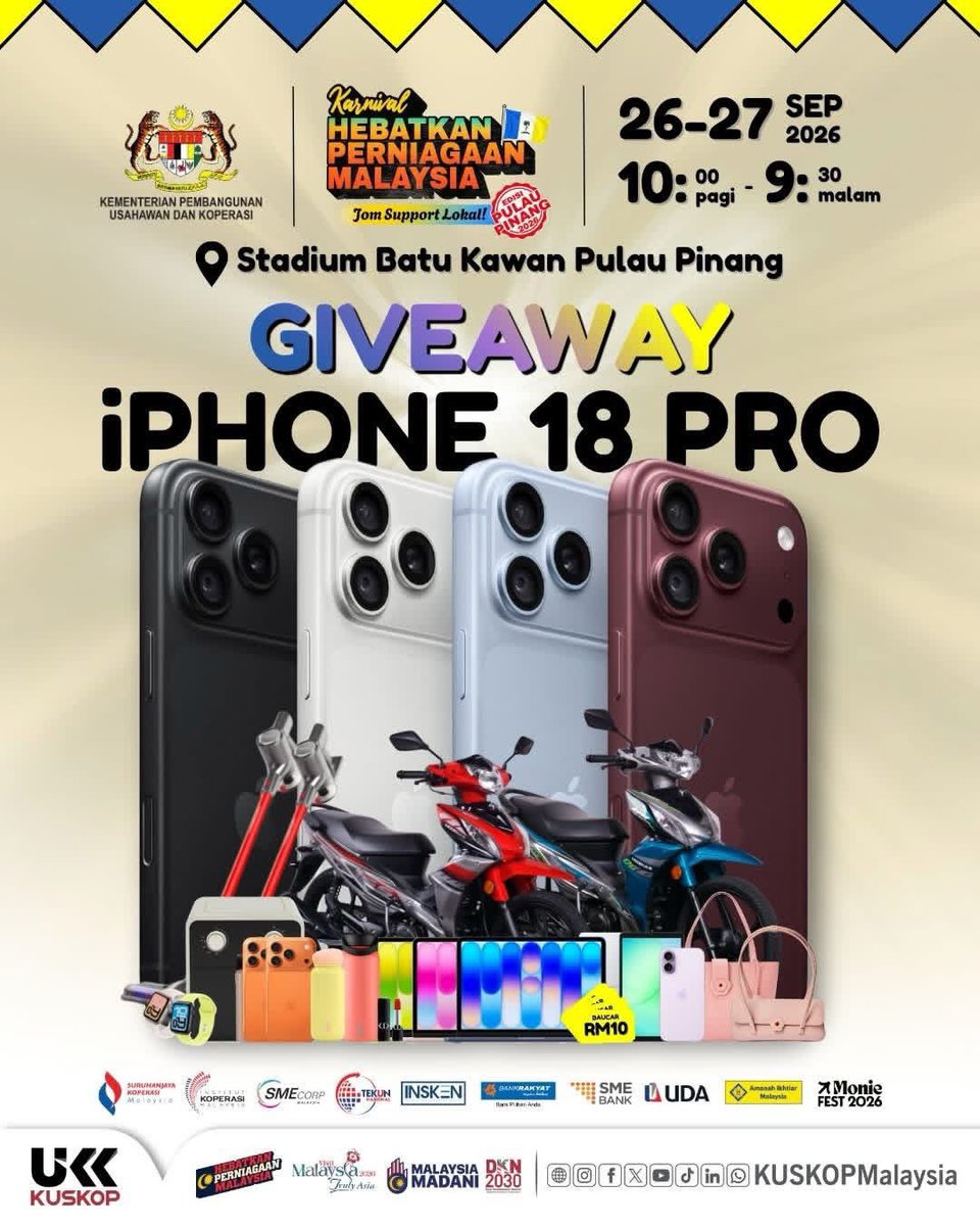 KUSKOPMalaysia's tweet photo. 🔥 TAK KAN BALIK TANGAN KOSONG 🤩

Bukan satu, bukan dua… pelbagai hadiah menarik menanti anda! 😍 jom ke Karnival HPM hujung minggu ni!

📍 Stadium Batu Kawan, Pulau Pinang
📆 26–27 September 2026
⏰ 10.00 pagi – 9.30 malam

🔗 https://t.co/bAFSSY7F6d

#KUSKOP
#MalaysiaMADANI https://t.co/BR9MObCSJO