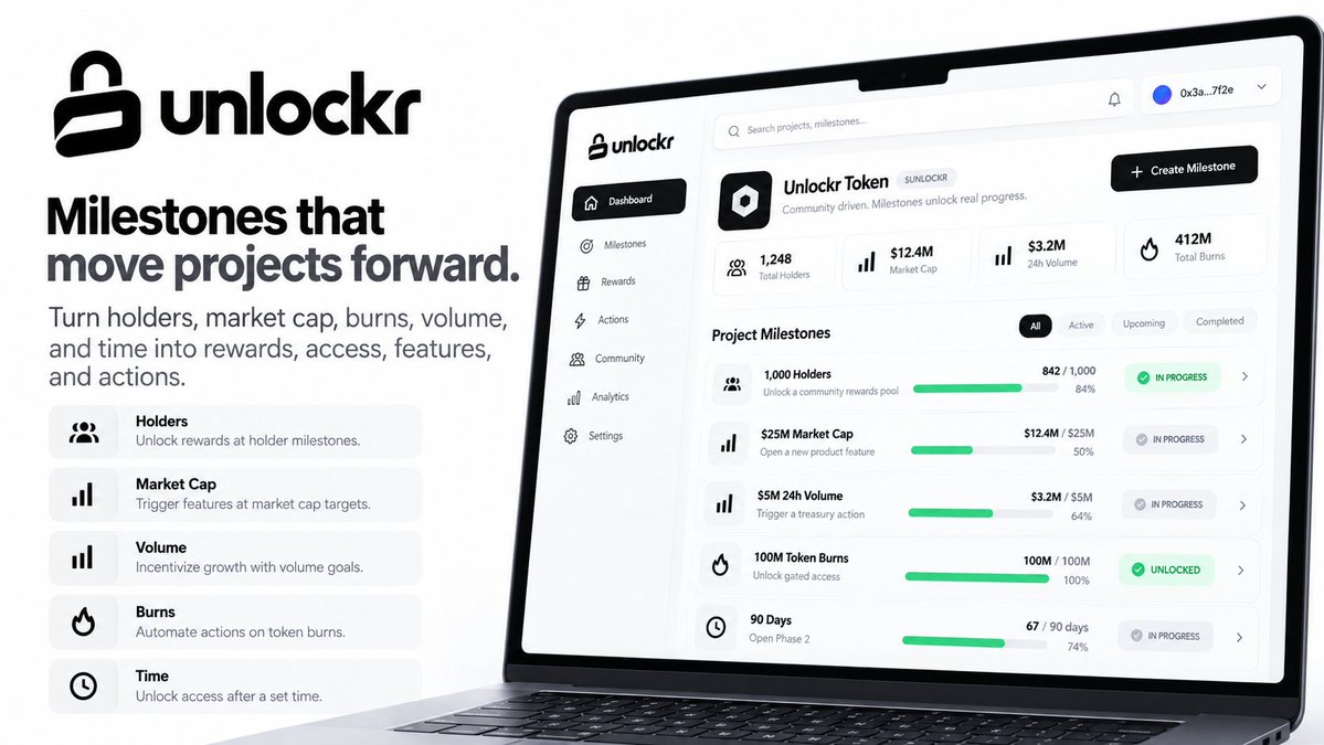 unlockr_'s tweet photo. Unlockr is built to make token milestones actually matter.

Projects can connect holders, market cap, volume, burns, time, and custom conditions to real outcomes like rewards, features, access, and treasury actions.

Instead of just posting “we hit the target,” Unlockr lets the target trigger what happens next.

Set the milestone. Define the outcome. Let growth move the project forward.

0x6f71a6e65682d67217b46f247771f374ba42e7e9