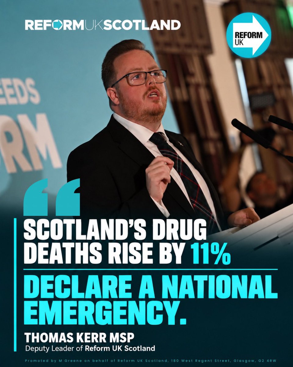 ReformUKScot's tweet photo. Drug deaths demand urgent action. While politicians talk and reports pile up, families are losing loved ones.

Enough is enough. Declare a national emergency and act to save lives. https://t.co/fziQ9Zh1Se