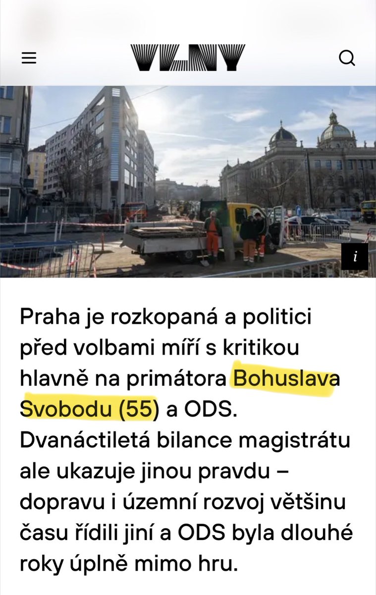 JKomrskova's tweet photo. „Nezávislý“ portál https://t.co/msxzNQeBsn (v pozadí s lidmi kolem Janouška a Pitra) jede bizarní PR kampaň:
🔴Primátor Svoboda u nich omládl na 55 let (nar. 1944). 
🔴Dopravu prý „dnešní gesci drží“ Z. Hřib, ač už 3/4 roku není náměstkem. 🤦‍♂️
🔴ODS prý za rozkopanou Prahu nemůže, byla dlouho „mimo hru“.  
Faktem zůstává, že ODS má primátora a vede město. Házet vinu na ostatní přes kmotrovský web plný do očí bijících chyb je solidní úlet.