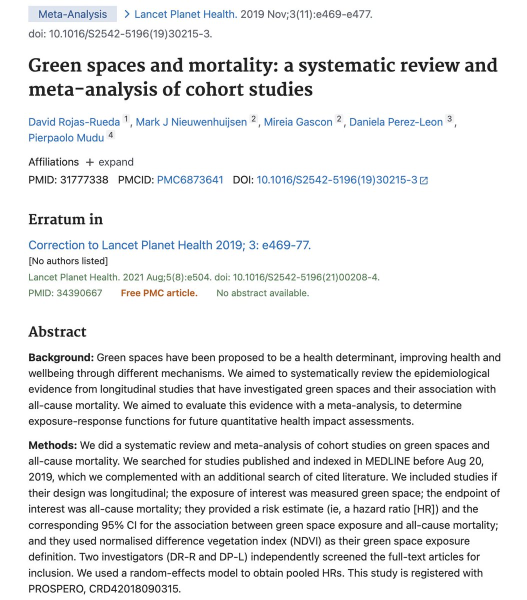 anishmoonka's tweet photo. Each small step up in the greenery around a person's home came with a 4 percent lower risk of dying over the years they were tracked, across more than 8.3 million people in seven countries. Seven of the nine studies behind that figure found the link on their own.

David Rojas-Rueda of Colorado State University and ISGlobal in Barcelona led the review with colleagues including Mark Nieuwenhuijsen, and the World Health Organization funded it. They pooled nine cohort studies, which follow the same people over years, covering 8,324,652 adults in Australia, Canada, China, Italy, Spain, Switzerland and the United States. The Lancet Planetary Health published it in 2019.

Greenery was measured from satellites as NDVI, a score of how much living green leaf covers the ground. Zero means no vegetation, and about 0.8 to 0.9 means the densest leaf cover possible. Every 0.1 rise within 500 metres of home is roughly a ninth of the way from bare ground to the densest cover. Each such step came with a pooled hazard ratio of 0.96, meaning a 4 percent lower death rate.

Two of the nine studies found no clear link. Tests for publication bias, the tendency for positive results to get into print more easily, showed little sign of it. Studies followed people for 4 to 22 years, and the cohorts ranged from 1,645 people to more than 4.2 million.

All nine studies are observational, so greener neighbourhoods could differ in ways the models missed, though every study adjusted for income or social position. Results varied widely between studies, and NDVI counts green leaves without saying whether anyone can reach a park. Only one study came from a country outside the high-income group. The authors also assumed a straight-line relationship that they say is unlikely to hold exactly.

The authors pooled the 0.96 figure so that city planners can turn a planned rise in greenery into an estimated number of deaths avoided. It was built to be reused. https://t.co/YRgRyxyyI0