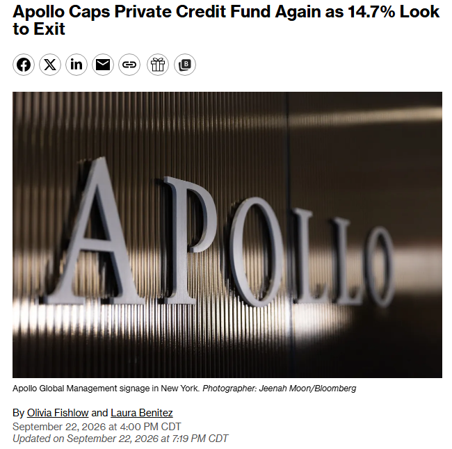 Barchart's tweet photo. BREAKING 🚨: Private Credit

Apollo Global, one of the world's largest money managers, just limited withdrawals from its flagship private credit fund for the 3rd consecutive quarter 🤯 Apollo is capping redemptions at 5%, investors wanted triple that 👀 https://t.co/argCV6bUmr