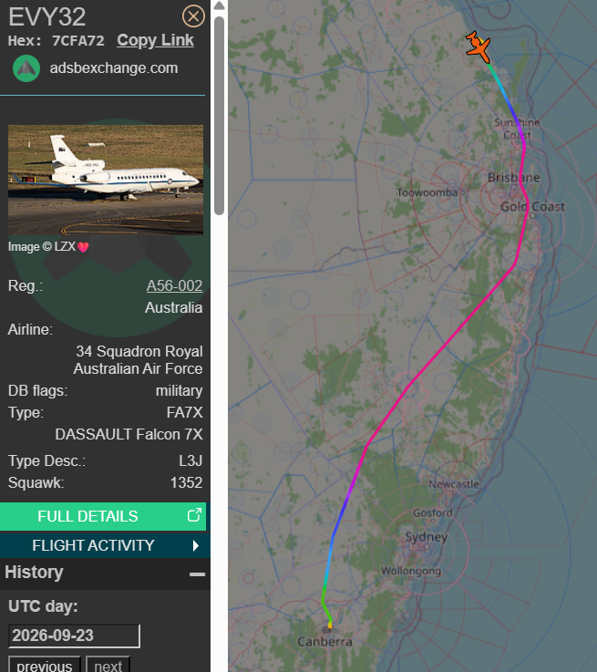 raaf_vip's tweet photo. Dassault Falcon 7X // A56-002 // Envoy 32

Route: Canberra (CBR) - Bundaberg (BDB)
🛫: 01:03 UTC on 23/09/2026
🛬: 02:53 UTC

#RAAF #AusAirForce #A56002 #QLD #Bundaberg https://t.co/4eBhJDFgAD