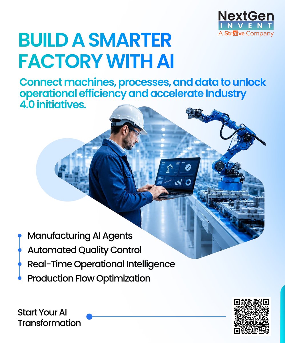 NextGenInvent's tweet photo. AI-powered manufacturing drives smarter operations with real-time insights, predictive maintenance, quality automation, and optimized workflows.

🔗 https://t.co/OuJAmM9MzE

#NextGenInvent #Straive #ManufacturingAI #SmartManufacturing #Industry40 #AIInnovation https://t.co/CsvsYPDvBq