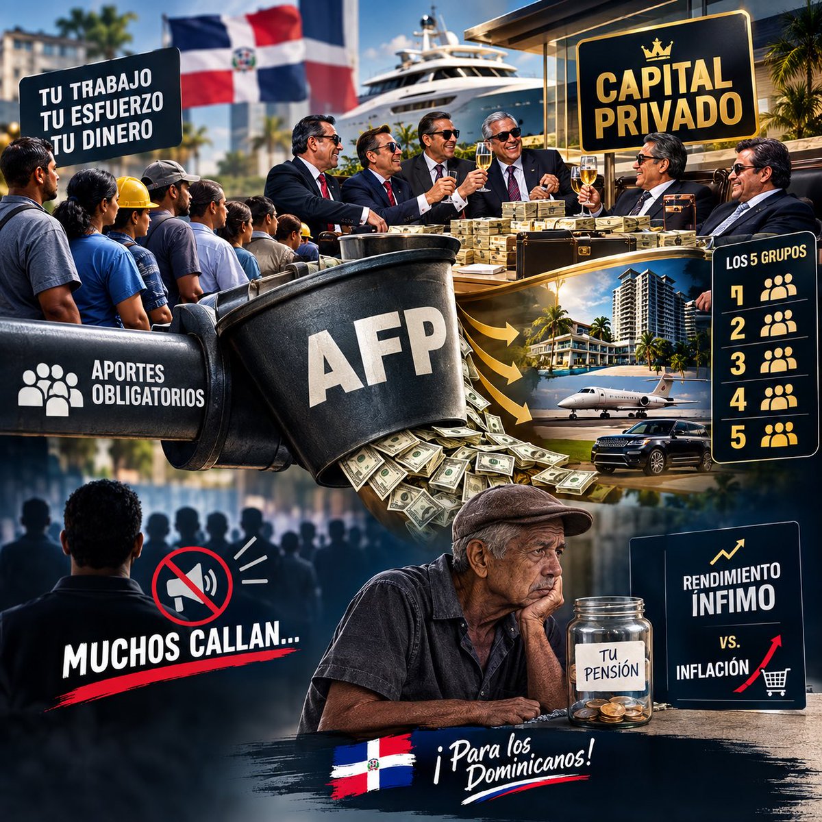 EuricSanti's tweet photo. Las AFP’s son un dinero que se recauda PÚBLICAMENTE de manera FORZOSA de todos los trabajadores, pero sirve como CAPITAL PRIVADO y con condiciones CERRADAS para un grupo de duques que hacen lo que les dé la gana con él. 

Es un esquema, a lo poco, cuestionable. Sin embargo, todos callan, porque son muchos los maletines y beneficiados de los cinco grupos que manejan estos fondos como su caja personal de inversiones.

Nosotros, de pendejos, con un ínfimo rendimiento fijo que ni siquiera compara con la inflación, y ellos haciendo negocios y adquiriendo activos con la inversión de nuestros fondos de pensiones.

Pero sí, sí… son gente honorable y dedicada al país, dicen ellos. Son “empresarios que aportan”… claro, claro… Si sacan RD$1,000 millones, regalan RD$5,000,000 para donar y ya los blanquean los lambones.

Cuando empecemos a escupir a gente que nos saquea, a asediarlos y a rechazarlos, para que no puedan estar tranquilos… veremos mejoras en esos modelos. Dejemos de ser tan LAMBONES de nuestros verdugos, atentos a que “tienen dinero”; es verdad… lo tienen, a costa de nosotros desde 1865…

🇩🇴 Para los dominicanos!