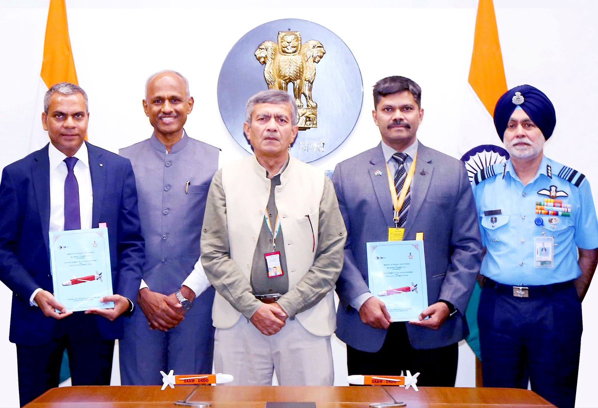 manishindiatv's tweet photo. Ministry of Defence has inked a contract with Bharat Dynamics Limited (BDL) for the procurement of 160 Satellite Smart Anti Airfield Weapons (SAT-SAAW) along with associated equipment for #IndianAirForce (IAF) with a total cost of Rs 810.79 crore under Buy (Indian - Indigenously Designed, Developed and Manufactured) category. The contract was signed in the presence of Defence Secretary Rajesh Kumar Singh in New Delhi Today.@indiatvnews