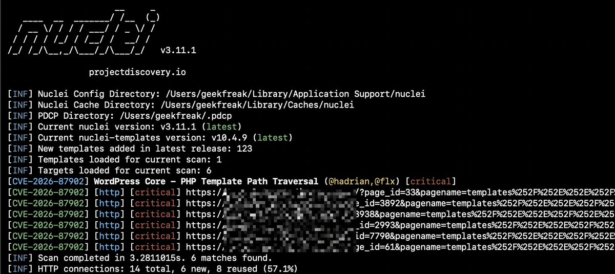 DhiyaneshDK's tweet photo. 🚨 CVE-2026-87902 - WordPress Core - PHP Template Path Traversal

Nuclei Template - https://t.co/so2lv9A7Bb

Reference: https://t.co/jgJp9kiqFC

#hackwithautomation #bugbounty #wordpress https://t.co/GAC3YpllZ5