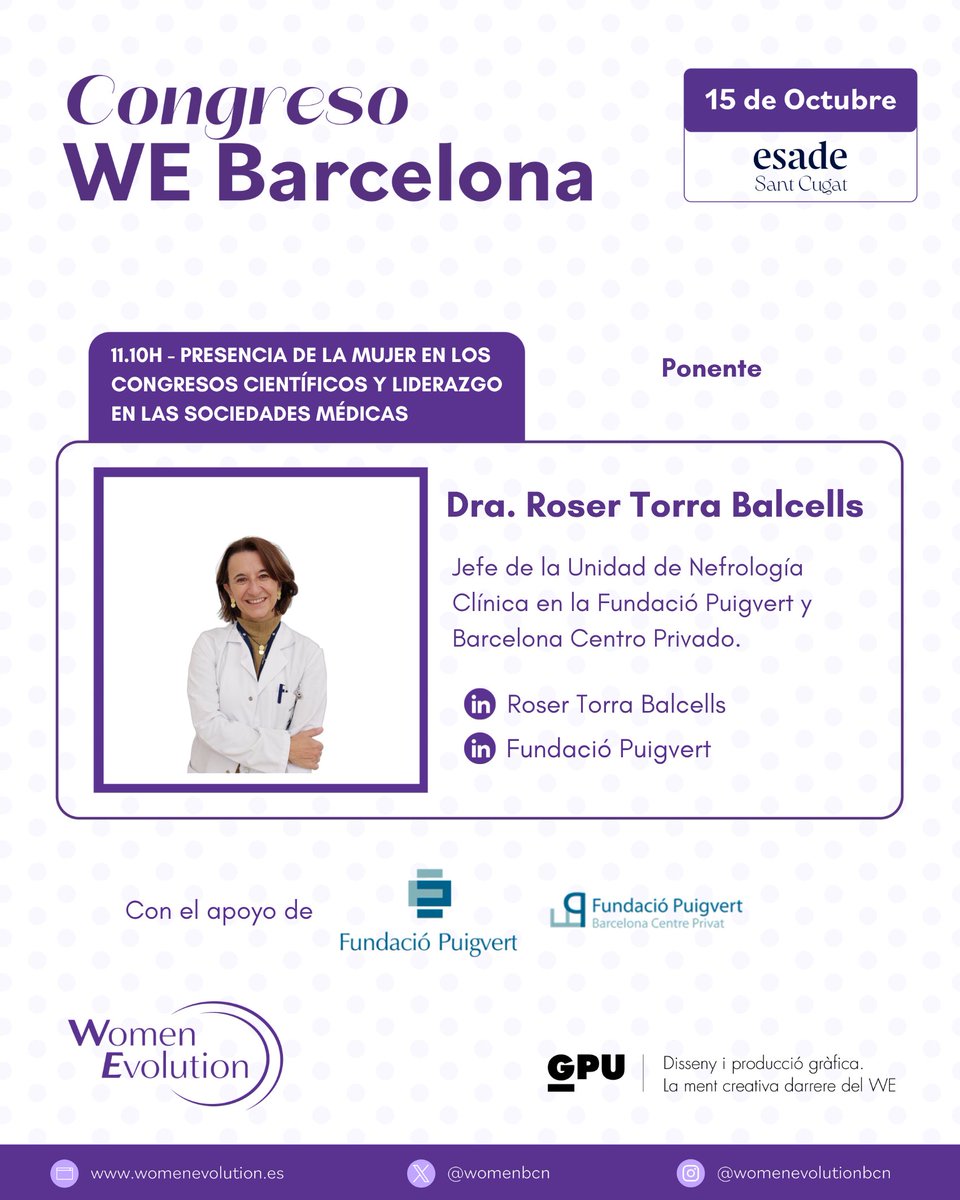 WomenBcn's tweet photo. 📣Congreso #WEBarcelona «Grow Together. El talento que transforma el mundo»

🗣️Ponente. Dra. Roser Torra Balcells. Jefe de Nefrología Clínica en Fundación Puigvert y Barcelona Centro Privado.

🗓️15 de octubre 
📍@Esade #SantCugat 
🎟️¡Inscríbete! https://t.co/Y8V9s8po3D https://t.co/HrmQmYisUx