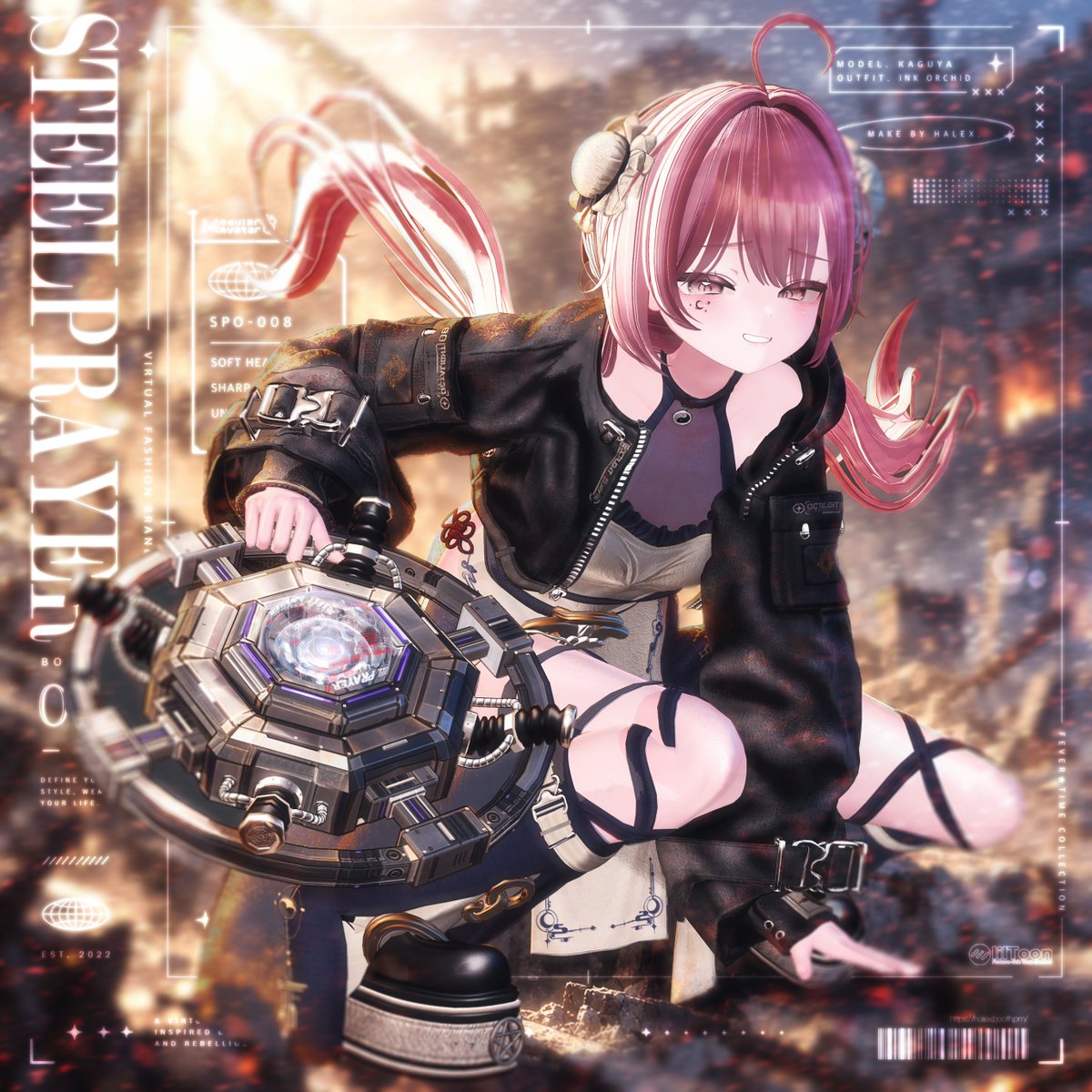 Halex_VRC's tweet photo. 💜【RT Event】💜  
⚙️STEEL PRAYER ✦ OCTA//LIGHT🎇 「22アバター対応」

[YEARS OF FAITH. ONE MOMENT OF PROOF.]
💜https://t.co/Jmkcxuk4VK💜

みんな！お会いできて嬉しいです！ Halexです！💜
どうぞよろしくお願いします🙇‍♀️!!
[RT Event] 5人
[期限] 26.09.23 - 26.09.30

다들! 반가워요! Halex 입니다!💜
이번에도 잘 부탁드립니다🙇‍♀️!!
[RT Event] 5人
[期限] 26.09.23 - 26.09.30

Hi!!! everyone!! I'm Halex!💜
RT Event! yeahhhhh!!
Have a great one!!!🙇‍♀️!!
[RT Event] 5人
[期限] 26.09.23 - 26.09.30

 #VRChat #kaguya3d #IKUSIA

こんにちは！！！皆さん！！

もう3週間と！3日が経ちましたね〜！💜

まずは、心配してくださった皆さん、
本当に本当にありがとうございます……！！

みんな！！ほんとにありがと〜〜！！
世界はまだあったかい……。

とにかく！！
まずは製品の説明から！！
今回の衣装は、チャイナドレスや中華風のデザインを取り入れた
サイバーパンクな衣装として制作しました！

八卦鏡をモチーフにしたメインモジュールと、
4本のメカアームを組み合わせたデザインになっています！
撮影やゲーム内でもできるだけ使いやすいように、
4本のメカアームのBoneはモジュール部分から繋がっていますが、
ゲーム内で自然に動かせるよう、
基本設定では3番目あたりの関節から
PhysBoneが動作するように設定しております！

モジュールは、
チタニウムモジュールとダメージモジュールの
2種類を同梱しております！
どちらのバージョンも、
暗い環境でモジュールが綺麗に輝くように
ライトを設定して制作しました！

また、こうしたコンセプチュアルな衣装を制作する際には、
いつも大きなパーツやギミックを取り外しても
衣装として使えるようにすることを大切にしています！

今回も改変しやすく、
普段着のように気軽に着せていただくこともできるよう、
細かな部分まで考えながら制作しました！
そして、中華風のお団子型ヘアアクセサリーには、
オブジェクトを拡大したり移動させたりしなくても、
さまざまな髪型に合わせて調整しやすいように、
専用のBlendShapeも追加しております！
ふぅぅ！！
説明終わり！！

……たぶん！？！

動画ももっとこだわりたかったのですが……
時間があまりにもギリギリで……。

ついさっき作ったばかりなので、
まだできたてほやほやです……！！

本来なら、次の衣装は日常服になるはずなのですが！！

ハロウィンがもう目の前です……。

夏には水着の代わりに厚手のジャンパーを着せて……
冬にはダウンジャケットの代わりにパーカーを作る……

そんな季節に逆らうあまのじゃくな私ですが……。

今回はどうしても作りたいものがあるので！！

ひとまず！！
次はハロウィン衣装です！！！

それでは皆さん、
また3週間後……！

……3週間半後……？

にお会いしましょう〜！！

いつも本当にありがとうございます！！！💜

皆さんも体調を崩さないように、
どうか健康でいてくださいね！！T,,T！！

_______________________________________________

 안녕하세요!!! 여러분!!
벌써 3주하고! 3일이 지났네요~!💜
먼저 걱정해주신 모든 분들께
정말 정말 감사드립니다...!!
밍나!! 혼또니 아리가또~,~! 세상은 아직 따듯해...
아무튼! 일단 제품 설명부터!!

이번 의상은 치파오 및 차이나풍의 
사이버펑크한 의상으로 제작되었고
팔괘경 디자인에 메인 모듈과
4개의 기계팔로 제작되었습니다!

최대한 촬영이나 인게임 활용도에
용의할 수 있도록 4개의 
기계 팔의 본은 모듈부터 시작하지만
기본적으로는 게임내에 움직임을 위해서
3번째 정도부터 피직스본이 작동하도록
세팅해두었습니다!

모듈은 총 티타늄 모듈과 데미지 모듈 버전
2가지로 동봉되었으며 두버전 모두
어두운 환경에서는 모듈이 반짝일 수 있도록
라이트를 설정하여 제작하였습니다!

컨셉츄얼한 의상을 제작할 때는 언제나
이 의상의 기믹이나 큰 파츠를 제외했을때도
사용이 가능하도록 제작하였기에
개변시에도 편리하게, 평상복처럼 가볍게 입히기도 
가능하도록 신경써서 제작하였고
만두 머리 장식은 오브젝트를 
늘리거나 옮기지 않고도 다른 헤어에
쉽게 입히실 수 있도록 블렌드쉐이프키를 
추가하였습니다!

후아!! 설명 끝!! 아마도...!?
영상도 더 신경을 쓰고 싶었는데...
시간이 너무 촉박해서... 방금 만들어서 따끈 따끈 하답니다...
원래라면 다음 의상은 일상복이여야겠지만!!
할로윈이 코 앞입니다....
여름에는 수영복 대신...두꺼운 점퍼를 입히고...
겨울에는...패딩 대신...후드티들을 만드는 청개구리지만...
이번에는 제작하고 싶은 게 있어서!
일단은!! 할로윈 의상입니다!!
다들 3주 뒤...! 3.5 주뒤...? 에 봐용! 
언제나 감사합니다!!!💜
다들 아프지말고 건강해야해요!! T,,T!!
_______________________________________________

HelloOoOoOoO everyone!!! It's Halex!! YEAH! THAT'S ME!!💜

It's already been 3 weeks and 3 days!!

First of all, thank you so, so much to everyone
who was worried about me and sent me such kind messages...!!

Everyone!! Thank you so much!!
The world is still a warm place...

Anyway!!
Let's start with the outfit details!!

This time, I made a cyberpunk outfit inspired by
qipao and traditional Chinese fashion!

The design features a main module inspired by a Bagua mirror,
along with four mechanical arms!

I wanted to make the mechanical arms as useful as possible
for both photoshoots and in-game use.

The bone chains of all four arms extend from the main module,
but by default, I've set up the PhysBones to start moving
from around the third joint!

This way, you can enjoy their movement in-game
while keeping the main structure more stable!

The module comes in two versions:
a Titanium Module and a Damaged Module!

Both versions also have lighting set up
so the modules can glow beautifully in darker environments!

Whenever I make a conceptual outfit like this,
I always try to make sure it can still be worn
even without its large accessories or gimmicks!

I paid special attention to that this time as well,
so you can easily customize the outfit
or wear it casually like an everyday outfit!

And for the Chinese-style bun-shaped hair accessories,
I've added dedicated BlendShapes!

These allow you to adjust the accessories
to fit different hairstyles without having to
resize or reposition the objects themselves!

Phew!!!
That's the end of the explanation!!

...Probably!?!

I really wanted to put more effort into the video too,
but I was running so short on time...

I literally just finished making it,
so it's still fresh out of the oven...!!

Normally, the next outfit should be casual wear!!

BUT!!!

Halloween is just around the corner...

I'm the kind of person who makes thick jackets
instead of swimsuits in summer...

And hoodies instead of padded jackets in winter...

Apparently, I just can't follow the seasons...!!

But this time, there's something I really want to make!

So, for now!!

The next release will be a Halloween outfit!!!

See you all in 3 weeks...!

...Or maybe 3.5 weeks...?

See you sooooon!!

Thank you so much, as always!!! 💜

And everyone, please stay healthy and don't get sick!! T,,T!!