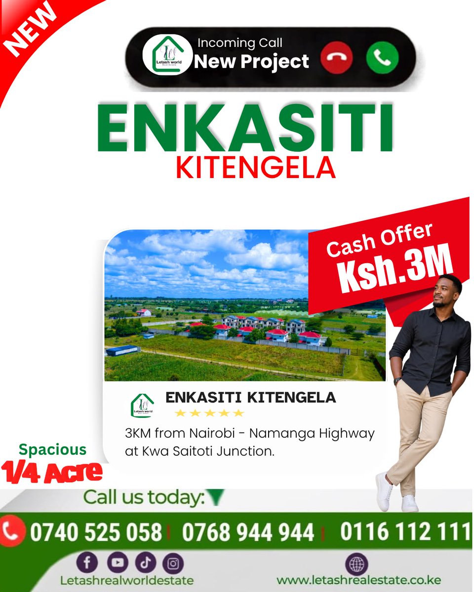 letashworld's tweet photo. 🚨 New Project Alert! Discover Enkasiti, Kitengela—a spacious ¼-acre property just 3km from the Nairobi–Namanga Highway at Kwa Saitoti Junction, available at a cash offer of KSh 3M. Call 0740 525 058 | 0768 944 944.#Enkasiti #Kitengela #LandForSale #LetashRealEstate https://t.co/SL7zkAWtY0
