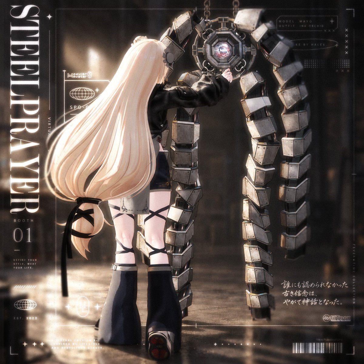 Halex_VRC's tweet photo. 💜【RT Event】💜  
⚙️STEEL PRAYER ✦ OCTA//LIGHT🎇 「22アバター対応」

[YEARS OF FAITH. ONE MOMENT OF PROOF.]
💜https://t.co/Jmkcxuk4VK💜

みんな！お会いできて嬉しいです！ Halexです！💜
どうぞよろしくお願いします🙇‍♀️!!
[RT Event] 5人
[期限] 26.09.23 - 26.09.30

다들! 반가워요! Halex 입니다!💜
이번에도 잘 부탁드립니다🙇‍♀️!!
[RT Event] 5人
[期限] 26.09.23 - 26.09.30

Hi!!! everyone!! I'm Halex!💜
RT Event! yeahhhhh!!
Have a great one!!!🙇‍♀️!!
[RT Event] 5人
[期限] 26.09.23 - 26.09.30

 #VRChat #kaguya3d #IKUSIA

こんにちは！！！皆さん！！

もう3週間と！3日が経ちましたね〜！💜

まずは、心配してくださった皆さん、
本当に本当にありがとうございます……！！

みんな！！ほんとにありがと〜〜！！
世界はまだあったかい……。

とにかく！！
まずは製品の説明から！！
今回の衣装は、チャイナドレスや中華風のデザインを取り入れた
サイバーパンクな衣装として制作しました！

八卦鏡をモチーフにしたメインモジュールと、
4本のメカアームを組み合わせたデザインになっています！
撮影やゲーム内でもできるだけ使いやすいように、
4本のメカアームのBoneはモジュール部分から繋がっていますが、
ゲーム内で自然に動かせるよう、
基本設定では3番目あたりの関節から
PhysBoneが動作するように設定しております！

モジュールは、
チタニウムモジュールとダメージモジュールの
2種類を同梱しております！
どちらのバージョンも、
暗い環境でモジュールが綺麗に輝くように
ライトを設定して制作しました！

また、こうしたコンセプチュアルな衣装を制作する際には、
いつも大きなパーツやギミックを取り外しても
衣装として使えるようにすることを大切にしています！

今回も改変しやすく、
普段着のように気軽に着せていただくこともできるよう、
細かな部分まで考えながら制作しました！
そして、中華風のお団子型ヘアアクセサリーには、
オブジェクトを拡大したり移動させたりしなくても、
さまざまな髪型に合わせて調整しやすいように、
専用のBlendShapeも追加しております！
ふぅぅ！！
説明終わり！！

……たぶん！？！

動画ももっとこだわりたかったのですが……
時間があまりにもギリギリで……。

ついさっき作ったばかりなので、
まだできたてほやほやです……！！

本来なら、次の衣装は日常服になるはずなのですが！！

ハロウィンがもう目の前です……。

夏には水着の代わりに厚手のジャンパーを着せて……
冬にはダウンジャケットの代わりにパーカーを作る……

そんな季節に逆らうあまのじゃくな私ですが……。

今回はどうしても作りたいものがあるので！！

ひとまず！！
次はハロウィン衣装です！！！

それでは皆さん、
また3週間後……！

……3週間半後……？

にお会いしましょう〜！！

いつも本当にありがとうございます！！！💜

皆さんも体調を崩さないように、
どうか健康でいてくださいね！！T,,T！！

_______________________________________________

 안녕하세요!!! 여러분!!
벌써 3주하고! 3일이 지났네요~!💜
먼저 걱정해주신 모든 분들께
정말 정말 감사드립니다...!!
밍나!! 혼또니 아리가또~,~! 세상은 아직 따듯해...
아무튼! 일단 제품 설명부터!!

이번 의상은 치파오 및 차이나풍의 
사이버펑크한 의상으로 제작되었고
팔괘경 디자인에 메인 모듈과
4개의 기계팔로 제작되었습니다!

최대한 촬영이나 인게임 활용도에
용의할 수 있도록 4개의 
기계 팔의 본은 모듈부터 시작하지만
기본적으로는 게임내에 움직임을 위해서
3번째 정도부터 피직스본이 작동하도록
세팅해두었습니다!

모듈은 총 티타늄 모듈과 데미지 모듈 버전
2가지로 동봉되었으며 두버전 모두
어두운 환경에서는 모듈이 반짝일 수 있도록
라이트를 설정하여 제작하였습니다!

컨셉츄얼한 의상을 제작할 때는 언제나
이 의상의 기믹이나 큰 파츠를 제외했을때도
사용이 가능하도록 제작하였기에
개변시에도 편리하게, 평상복처럼 가볍게 입히기도 
가능하도록 신경써서 제작하였고
만두 머리 장식은 오브젝트를 
늘리거나 옮기지 않고도 다른 헤어에
쉽게 입히실 수 있도록 블렌드쉐이프키를 
추가하였습니다!

후아!! 설명 끝!! 아마도...!?
영상도 더 신경을 쓰고 싶었는데...
시간이 너무 촉박해서... 방금 만들어서 따끈 따끈 하답니다...
원래라면 다음 의상은 일상복이여야겠지만!!
할로윈이 코 앞입니다....
여름에는 수영복 대신...두꺼운 점퍼를 입히고...
겨울에는...패딩 대신...후드티들을 만드는 청개구리지만...
이번에는 제작하고 싶은 게 있어서!
일단은!! 할로윈 의상입니다!!
다들 3주 뒤...! 3.5 주뒤...? 에 봐용! 
언제나 감사합니다!!!💜
다들 아프지말고 건강해야해요!! T,,T!!
_______________________________________________

HelloOoOoOoO everyone!!! It's Halex!! YEAH! THAT'S ME!!💜

It's already been 3 weeks and 3 days!!

First of all, thank you so, so much to everyone
who was worried about me and sent me such kind messages...!!

Everyone!! Thank you so much!!
The world is still a warm place...

Anyway!!
Let's start with the outfit details!!

This time, I made a cyberpunk outfit inspired by
qipao and traditional Chinese fashion!

The design features a main module inspired by a Bagua mirror,
along with four mechanical arms!

I wanted to make the mechanical arms as useful as possible
for both photoshoots and in-game use.

The bone chains of all four arms extend from the main module,
but by default, I've set up the PhysBones to start moving
from around the third joint!

This way, you can enjoy their movement in-game
while keeping the main structure more stable!

The module comes in two versions:
a Titanium Module and a Damaged Module!

Both versions also have lighting set up
so the modules can glow beautifully in darker environments!

Whenever I make a conceptual outfit like this,
I always try to make sure it can still be worn
even without its large accessories or gimmicks!

I paid special attention to that this time as well,
so you can easily customize the outfit
or wear it casually like an everyday outfit!

And for the Chinese-style bun-shaped hair accessories,
I've added dedicated BlendShapes!

These allow you to adjust the accessories
to fit different hairstyles without having to
resize or reposition the objects themselves!

Phew!!!
That's the end of the explanation!!

...Probably!?!

I really wanted to put more effort into the video too,
but I was running so short on time...

I literally just finished making it,
so it's still fresh out of the oven...!!

Normally, the next outfit should be casual wear!!

BUT!!!

Halloween is just around the corner...

I'm the kind of person who makes thick jackets
instead of swimsuits in summer...

And hoodies instead of padded jackets in winter...

Apparently, I just can't follow the seasons...!!

But this time, there's something I really want to make!

So, for now!!

The next release will be a Halloween outfit!!!

See you all in 3 weeks...!

...Or maybe 3.5 weeks...?

See you sooooon!!

Thank you so much, as always!!! 💜

And everyone, please stay healthy and don't get sick!! T,,T!!