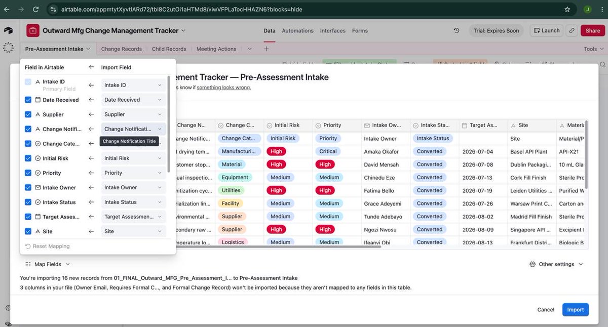 Ox_jojo's tweet photo. Airtable capstone done ✅

Built a simple change management workflow with linked records, rollups, dashboards and automations to track tasks, blockers and overdue actions using @airtable https://t.co/yIsaiY6Nrc