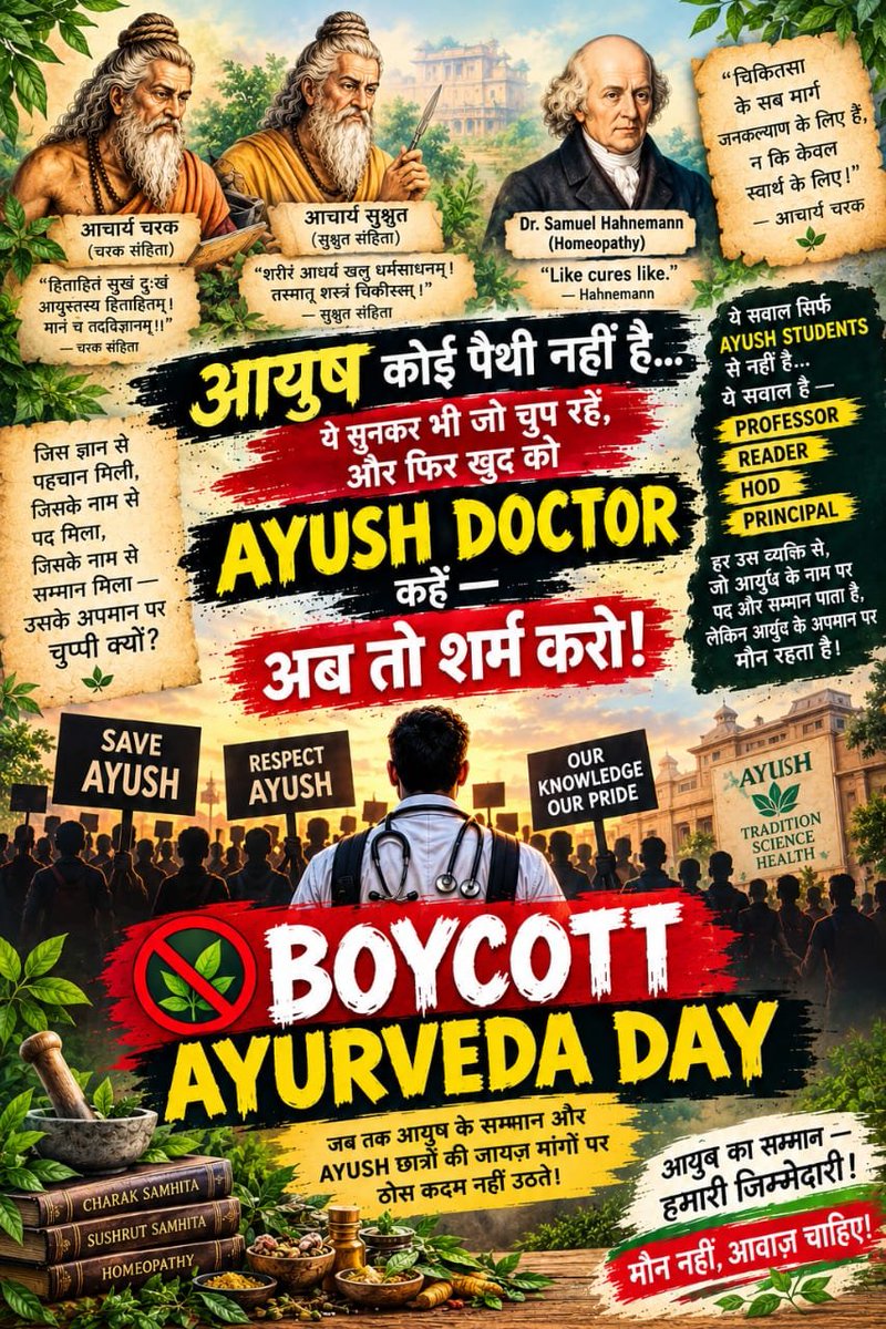 a_real_arya's tweet photo. अस्पताल में 12-12 घंटे ड्यूटी और बदले में दिहाड़ी मजदूर से भी कम मानदेय? यह कैसा न्याय है? आयुर्वेद का ढोल पीटने से पहले हमें ₹25,000 का सम्मानजनक स्टाइपेंड दीजिए।
@CMOfficeUP @moayush @DayaluBJP @brajeshpathakup @aajtak
#BoycottAyurvedaDay #आयुष_का_अधिकार_25000 https://t.co/vJVuTr1uc4