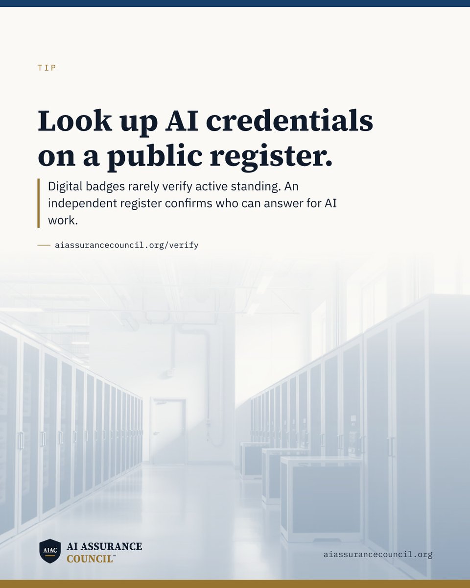 TheAIACouncil's tweet photo. Look up credential identifiers on an independent public register before assigning AI-assisted tasks or accepting vendor proposals.

Self-reported badges and completion certificates rarely confirm independent examination or active standing. When staffing a close or vetting an external team, an unchecked claim leaves model risk unmanaged. A register search confirms whether someone holds Certified AI in Finance & Accounting — Fundamentals (AIAC-FNAF) or Professional (AIAC-FNAP).

The common mistake is assuming these credentials certify AI audit. They certify using AI in finance work, carry defined terms, and require revalidation. First examinations sit October 2026.

Read the syllabus, take the free AI Literacy assessment, or verify any credential on the public register at https://t.co/1jY6mohiy1.

#AIinFinance