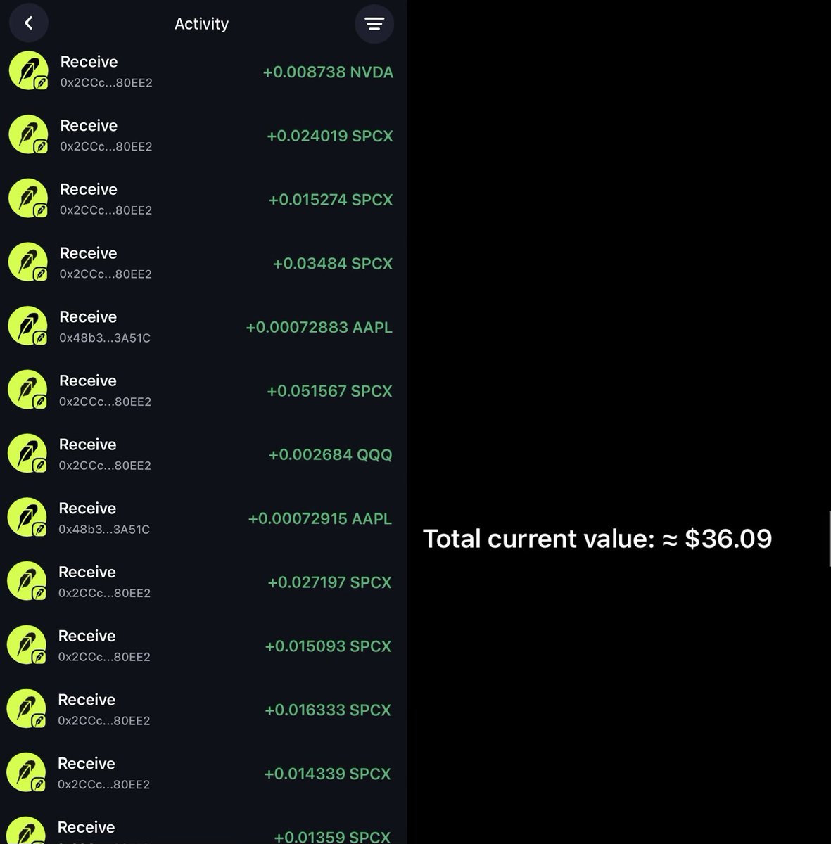 ShillMoBaggins's tweet photo. I hold multiple assets in the Robinhood ecosystem that turn trading activity into real stock distributions from $INDEX to $BUCKET, including a couple of @TheIndexFi index projects.

But one has consistently stood apart:

@RealBucketShop.

Just by holding $BUCKET, I’ve collected about $36 in $SPCX + $AAPL + $NVDA in the last 12 HOURS alone.

Over the past 2 months, I’ve accumulated more than $3,000 worth of stocks including tokenized GOLD which is also offered @RealBucketShop .

And that’s the part people are still sleeping on.

You’re not simply holding a token.

You’re holding an engine that converts volume into ownership.

Every trade creates fees.
Fees buy stocks.
Stocks flow back to holders.

And we’re doing this during a period of relatively low market volume.

If $BUCKET can generate $3,000+ in stock distributions during a bear market, imagine what sustained bull-market volume could look like.

I’m not saying the future is guaranteed.

I’m saying the mechanism is worth understanding.

The meta is shifting from “hold a token” to “hold an asset that works.”

If you’re still sleeping on this:

WAKE UP.

The most interesting part of crypto may not be what your token is worth tomorrow…

but what your token quietly accumulates for you while you hold it. $Bucket
