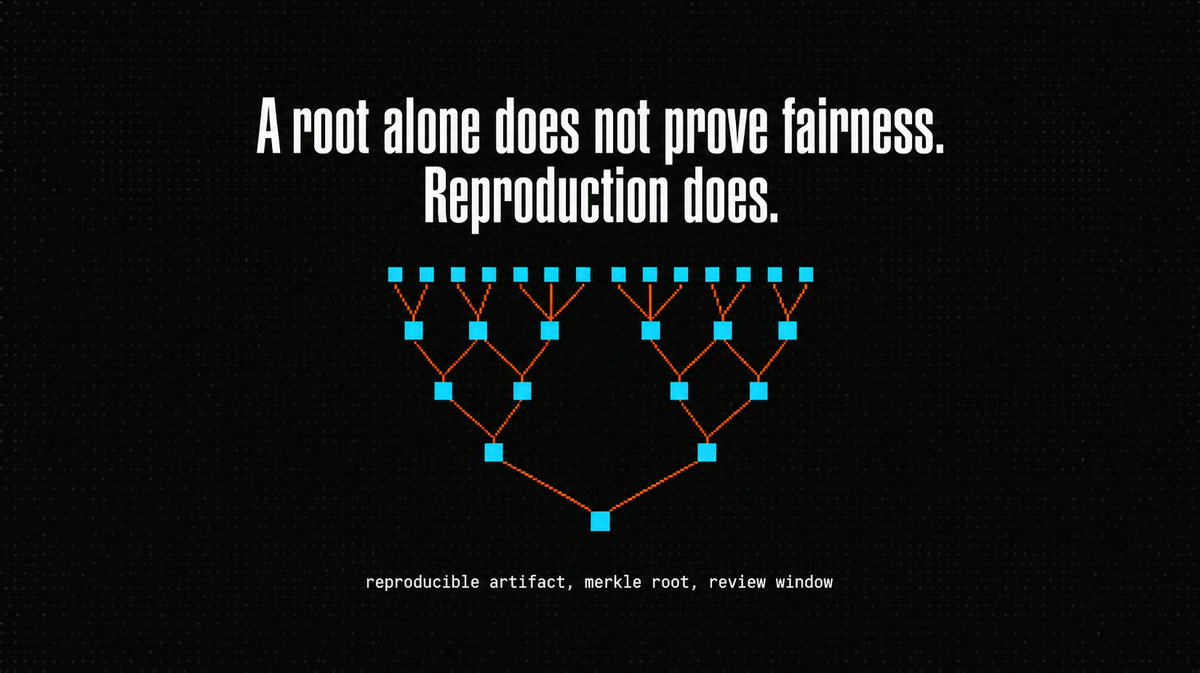 XosBridge's tweet photo. A root alone does not prove fairness. Reproduction does

Every epoch is published as a reproducible artifact plus a Merkle root. Anyone can recompute it from public inputs and compare

If our numbers are wrong, you can show it. That is the point https://t.co/iMG2wxtj1l