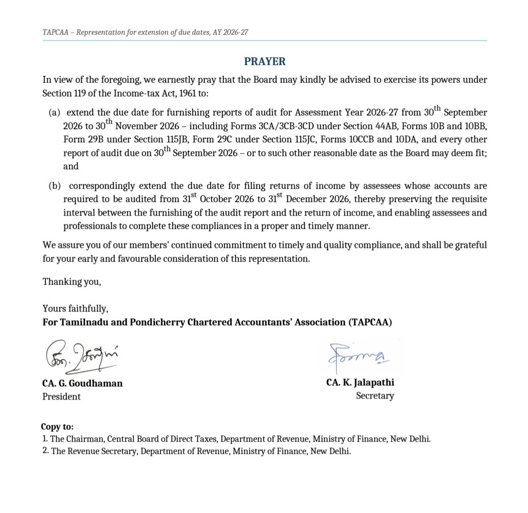 ca_bhadani's tweet photo. Representation to extend Tax Audit Due Date by TAPCAA

#ExtendTaxAuditDate
#Extension_हक़_है_भीख_नहीं
#Extend_TAR_Due_Dates
#Extend_Due_Date
#Extend_Due_Date_Immediately
#ExtendTaxAuditDueDate

@IncomeTaxIndia @FinMinIndia https://t.co/Q19v32P72r