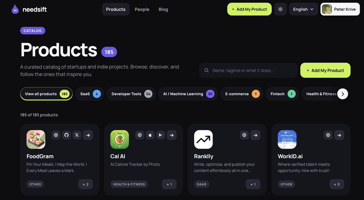peterkrive's tweet photo. FoodGram is now #1 on NeedSift 🥇
We just shipped a major update:
• 185 curated indie products
• Smarter activity-based rankings
• Categories, upvotes &amp; product monitoring
• New guides in 17 languages
Discover what’s moving → https://t.co/tGs122EBlp https://t.co/U1oirpDXez