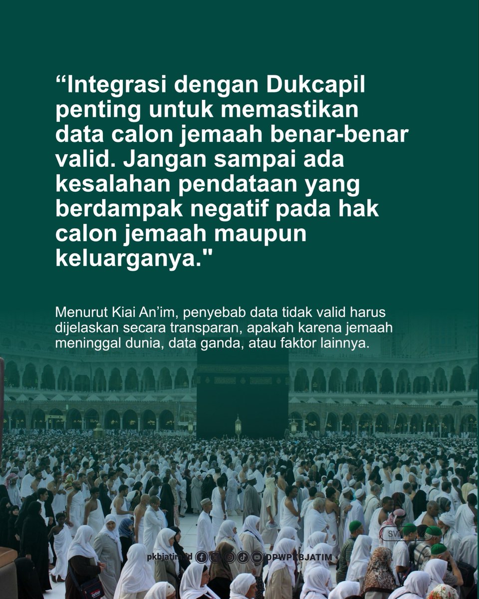 dpwpkbjatim_'s tweet photo. ๐ Data Haji Harus Bersih dan Akurat.
Gus An'im meminta Kementerian Haji dan Umrah segera menuntaskan validasi 400 ribu data antrean haji yang terindikasi tidak valid agar hak calon jemaah terlindungi dan pelayanan haji semakin transparan.
#PKB #PKBJatim #dpwpkbjatim #fraksipkb https://t.co/eY9o942cKh