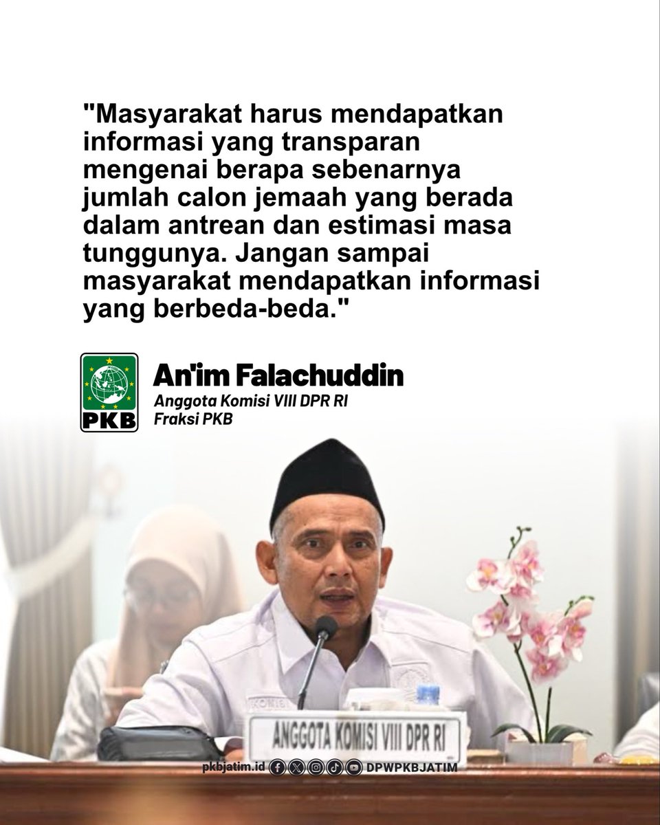 dpwpkbjatim_'s tweet photo. ๐ Data Haji Harus Bersih dan Akurat.
Gus An'im meminta Kementerian Haji dan Umrah segera menuntaskan validasi 400 ribu data antrean haji yang terindikasi tidak valid agar hak calon jemaah terlindungi dan pelayanan haji semakin transparan.
#PKB #PKBJatim #dpwpkbjatim #fraksipkb https://t.co/eY9o942cKh