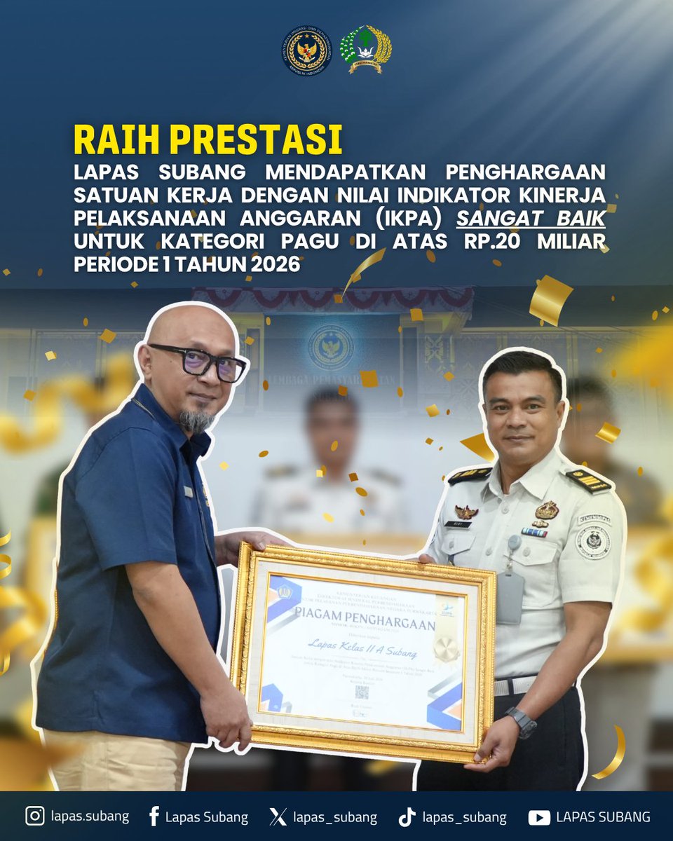 lapas_subang's tweet photo. 🏆 RAIH PRESTASI GEMILANG! 🏆

Lapas Kelas IIA Subang kembali menorehkan prestasi membanggakan dengan meraih penghargaan Satuan Kerja dengan Nilai Indikator Kinerja Pelaksanaan Anggaran (IKPA) SANGAT BAIK untuk Kategori Pagu di atas Rp. 20 Miliar pada Periode 1 Tahun 2026. https://t.co/PcMOyauBtS