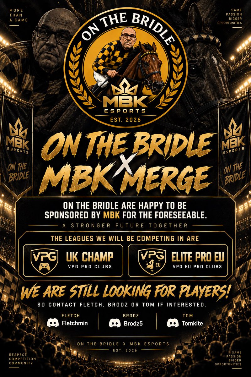 OnTheBridleEAFC's tweet photo. We are delighted to announce our partnership with @MBKEsports 💛

We are Buzzing to get started and compete in the upcoming @OfficialVPG season🏆 

We’d like to thank everyone at the organisation for a smooth transition🔥

All information below 👇 https://t.co/ZGF6U7pgcq