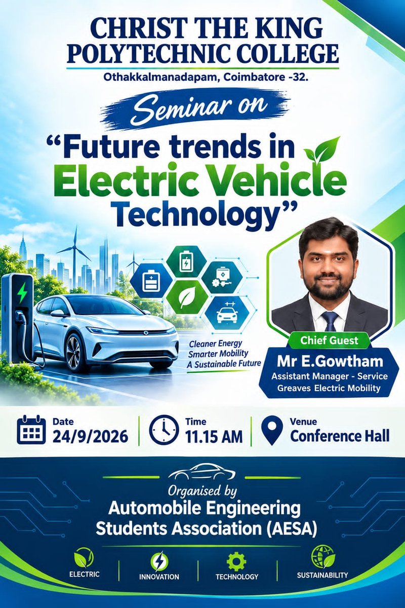 christthekingpc's tweet photo. ⚡️SEMINAR | FUTURE TRENDS IN ELECTRIC VEHICLE TECHNOLOGY🚗

#ElectricVehicles #EVTechnology #EVInnovation #AutomobileEngineering #SustainableMobility #Technology #Seminar #ChristTheKingPolytechnic #Coimbatore #AESA https://t.co/WeMcufScQ1