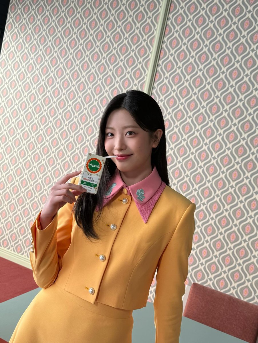 ohyejur's tweet photo. some cutie bts moments from shooting with vegemil! dressed up in bright yellow retro vibes and sipping on soy milk between takes. then swapped into the cozy jacket outfit while the hair team did their thing. had so much fun working on this commercial project! https://t.co/WOgfM4RJQQ