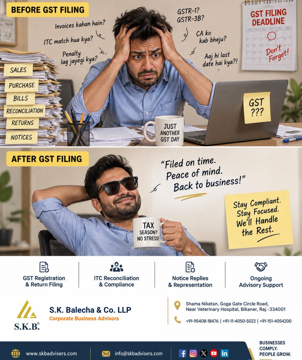 cssudesh's tweet photo. GST filing shouldn’t become a monthly panic attack. 😅

Missing invoices, ITC mismatches, pending returns and last-minute deadlines can turn compliance into unnecessary stress. https://t.co/9fCeOm9DPN