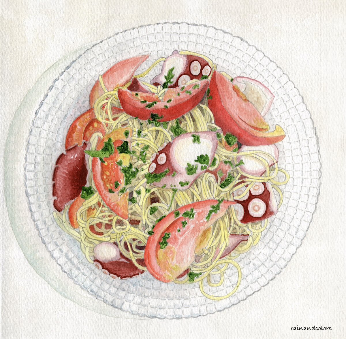 rainandcolors's tweet photo. たことトマトの冷製パスタ

2026
220×220mm
固形水彩絵具、水性ペン／水彩紙

こちらは企画展『foods moods』で展示した作品です。

#食べ物イラスト https://t.co/NmwnfBYfvN