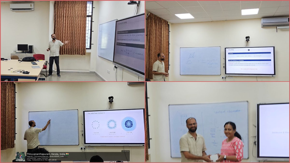 IIST_Trivandrum's tweet photo. The series introduced the foundations of TDA, with lectures covering simplicial complexes and filtrations, homology and Betti numbers, and persistent homology, including persistence barcodes, stability, and applications.
#TopologicalDataAnalysis #TDA #MachineLearning #IIST https://t.co/YEKU1UQX8w