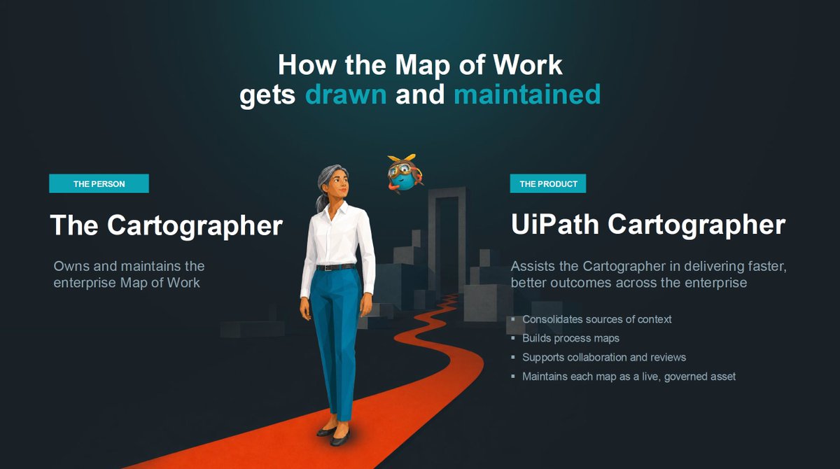 PhathomResearch's tweet photo. $PATH At Investor Day, UiPath just unveiled the product that will help UiPath become THE business process intelligence platform used within an enterprise.

It is called UiPath Cartographer, and the goal of this tool is to build and maintain a company's Map of Work. 

Think of the Map of Work as the single source of truth for how a company's processes are carried out - the process context intelligence. It explains what data, systems, stakeholders, handoffs, approvals, etc. are leveraged across a business to carry out its processes.

The Map of Work is a living, breathing source of truth maintained by subject-matter-experts within an enterprise that leverage the UiPath Cartographer tool.

The Map of Work formalizes the current "as is" state and the desired "to be" state. The tool then turns this "to be" state into a solution design document.

This is what Raghu refers to as "3D printing processes".

What does a company do with this solution design document? They hand it off to UiPath's coding agents to build orchestrations in Maestro according to the specifications derived from the Map of Work.

Once the orchestrations are built and in-use, the Decision Ledger automatically logs who (person, robot, agent) does what and when as the workflows are in production. The Decision Ledger output is used as a feedback loop to improve the Map of Work.

This is a self-improving loop that places UiPath's software firmly in the position of owning and maintaining a company's process context intelligence.

As an investor, this is a huge announcement. UiPath already has the orchestration tools - now they are unleashing a powerful tool for companies to map out and store their process context intelligence. This is a critical piece of infrastructure that not only improves the efficiency of Maestro orchestrations, but that ensures UiPath becomes THE platform for process intelligence.