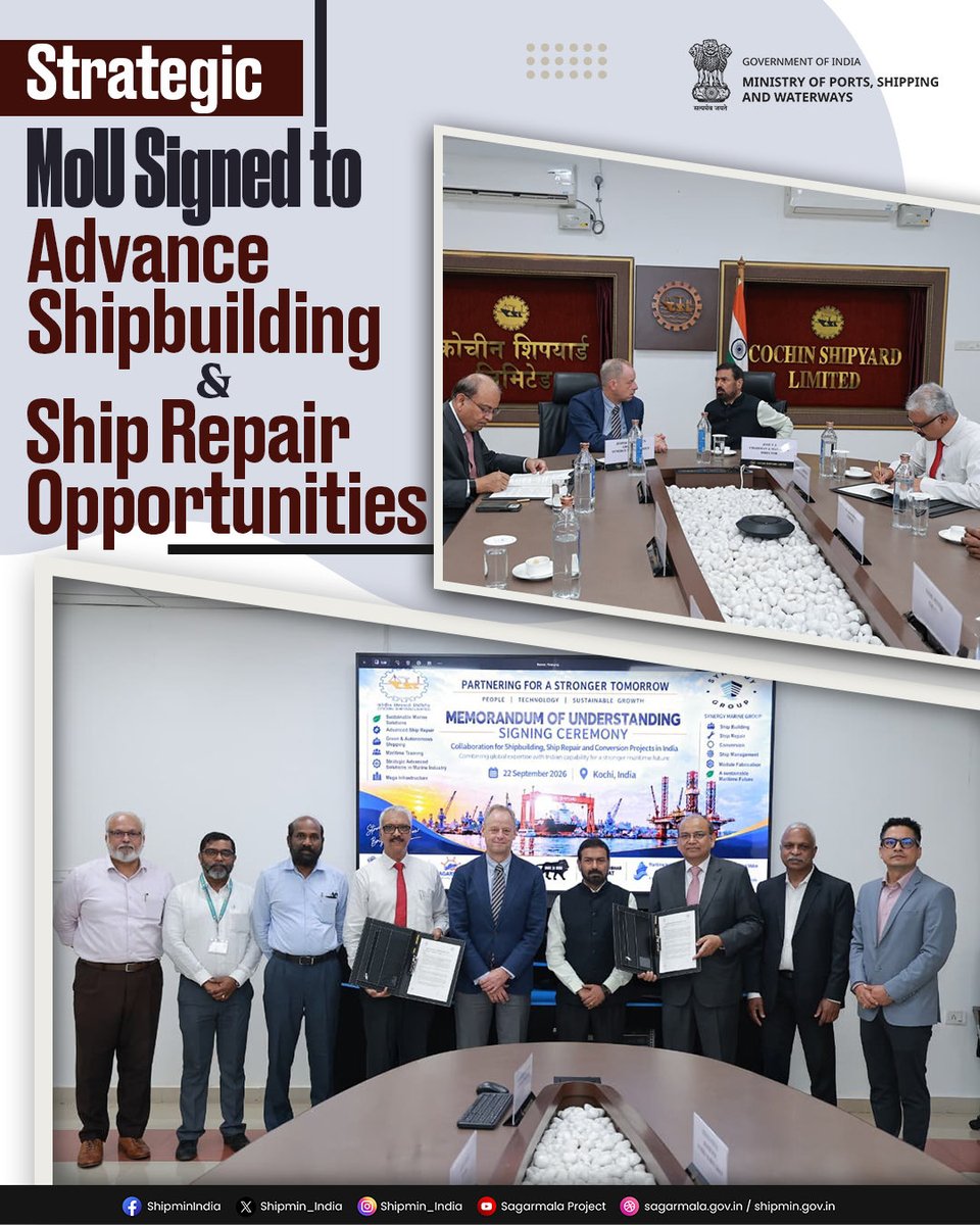 shipmin_india's tweet photo. Cochin Shipyard Limited (CSL) and Synergy Marine Group have signed a Memorandum of Understanding (MoU) to jointly explore opportunities in shipbuilding, ship repair, vessel conversion, module fabrication, and oil & gas projects in India.

The MoU reflects a shared commitment to leveraging expertise, fostering innovation, and supporting the growth of India’s maritime and offshore sectors. By bringing together CSL’s shipbuilding capabilities and Synergy Marine Group’s global maritime experience, the partnership aims to unlock new opportunities and contribute to the development of a robust maritime ecosystem.

@cslcochin @SynergyGroup06
#MaritimeIndia #MaritimePartnership #MakeInIndia #MaritimeGrowth #ViksitBharat