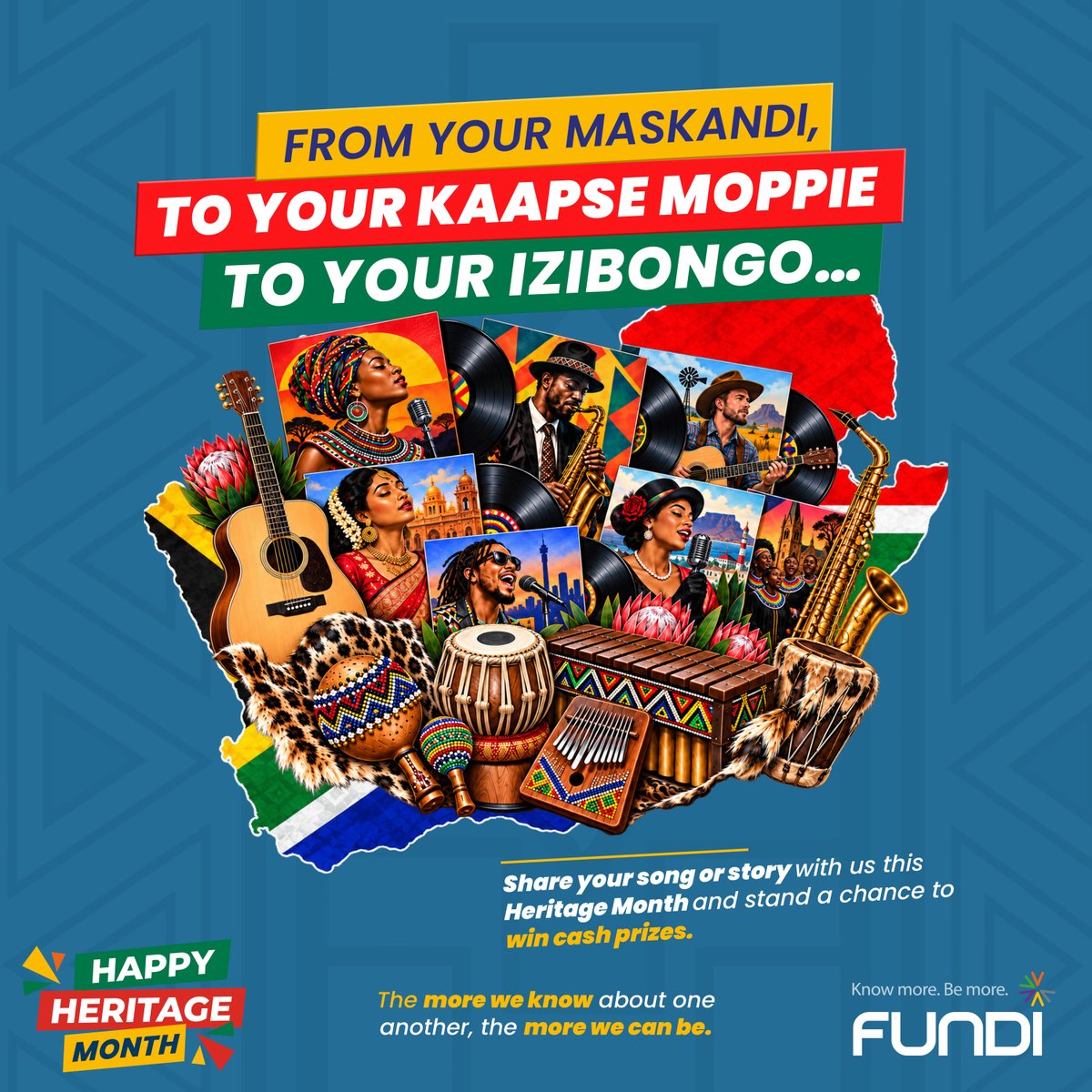 Official_FUNDI's tweet photo. From your maskandi, to your Kaapse moppie. From your boeremusiek to your izibongo… 🎶

Every rhythm and lyric carries a story about who you are.

Share the name of a song with us this Heritage Month and tell us the story it holds about your culture, R500 up for grabs 💰

Feel free to share a photo or video too. Ts&Cs apply.

The more we know about one another, the more we can be. ❤️

#HeritageMonth #KnowMoreBeMore #Fundi #Mzansi #ProudlySouthAfrican #FundiHeritageMonth