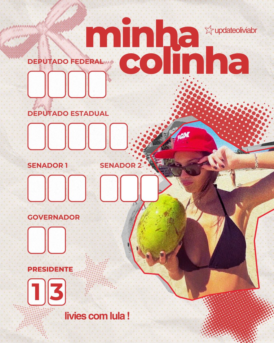 updateoliviabr's tweet photo. LIVIES COM LULA! 🦑❤️

Estamos a menos de duas semanas das eleições de 2026! Montamos a nossa colinha para ajudá-los a votar 1️⃣3️⃣ no nosso presidente @LulaOficial no dia 4 de outubro.

Não deixe de exercer o seu direito à democracia. Brasil soberano! 🇧🇷⭐️ https://t.co/55mNXs8KAN