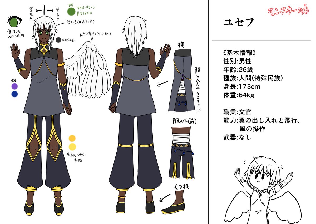 kurou83_Fire's tweet photo. 【モンスターの方の設定資料】
モンブラン誰デザの子、ユセフくんの設定資料です！
まあ可愛いブラコンでしょう

兄を偶像崇拝したり、兄に関する論文を書いたり、パワポ的なのを作って発表したり、兄を傷つけたら社会的に抹殺しようとしたりするだけですからね
あと外見をちょっと真似したりしてるよ https://t.co/2m702u5Ayz