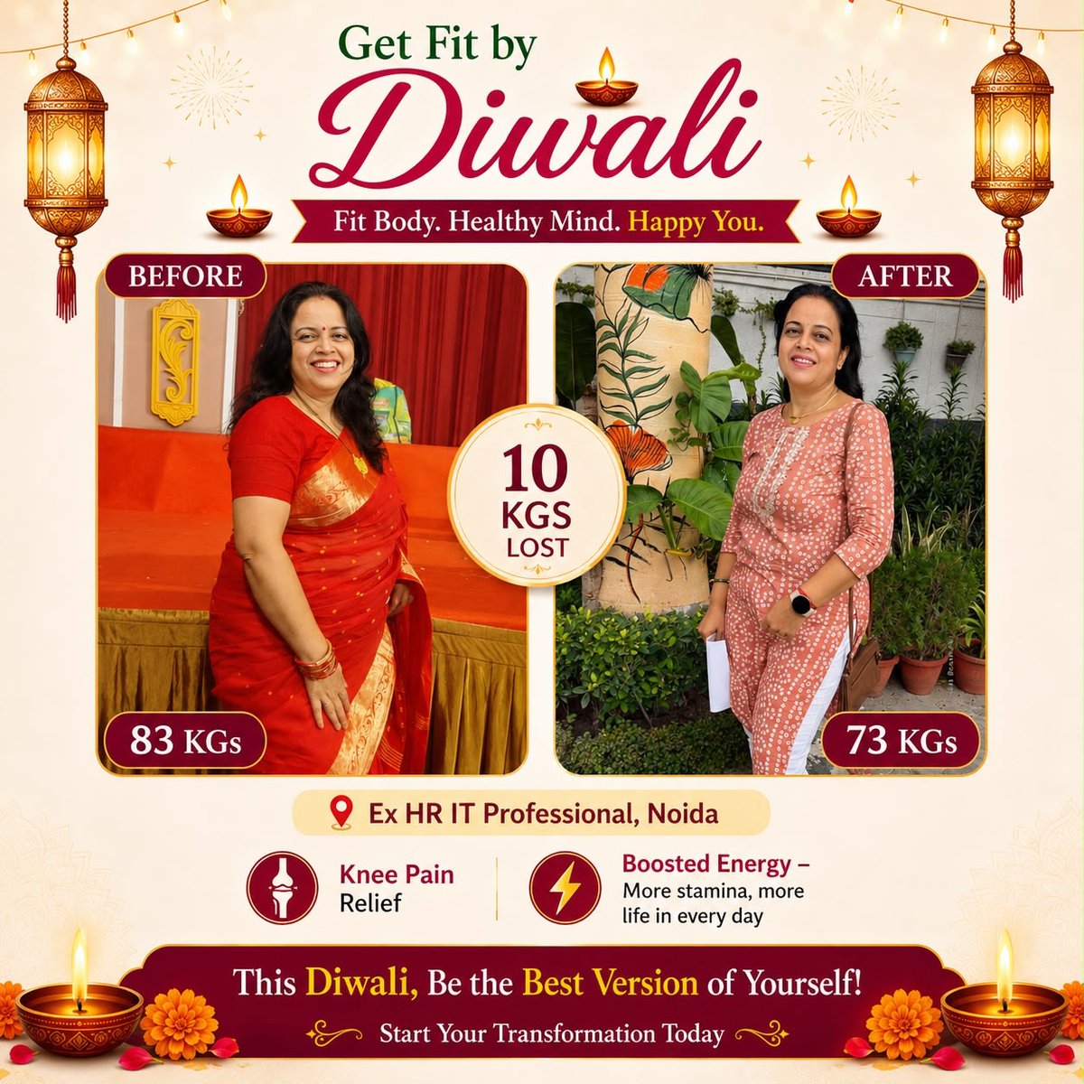 HaydeeMizej9e4's tweet photo. 10 kg lost. Less pain. More life. Rashmi regained the freedom to move without knee pain and the energy to enjoy each day. With 98 days until Diwali, start your transformation now. Only 16 of 25 seats remain. https://t.co/BwE8x3WOHV