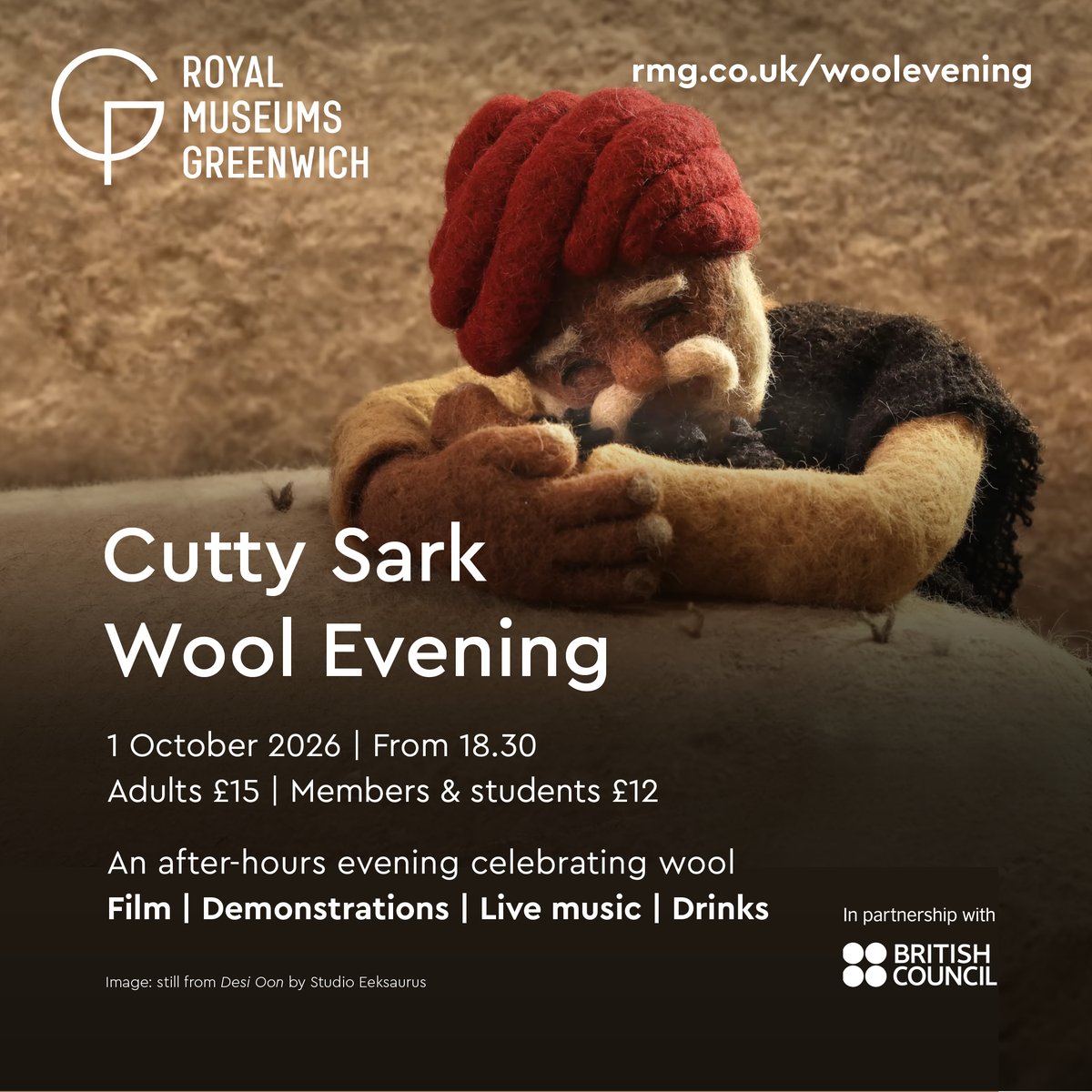 Felted wool figure of a sailor with a red hat resting on a ship's deck, promoting Cutty Sark Wool Evening event.