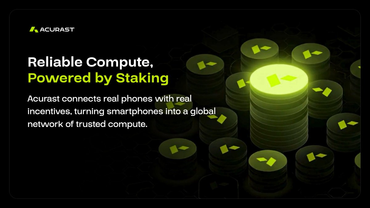 Acurast's tweet photo. Some people run phones for Acurast. They promise the network a certain amount of compute and lock up ACU as a guarantee. Keep the promise and they get rewarded. Break it and they lose part of what they locked.

You can back one of them without owning a phone. Your ACU joins theirs, and you take a share of their rewards, and a share of their risk.

You choose who to back. 

Get started: https://t.co/yGapHM3vAl