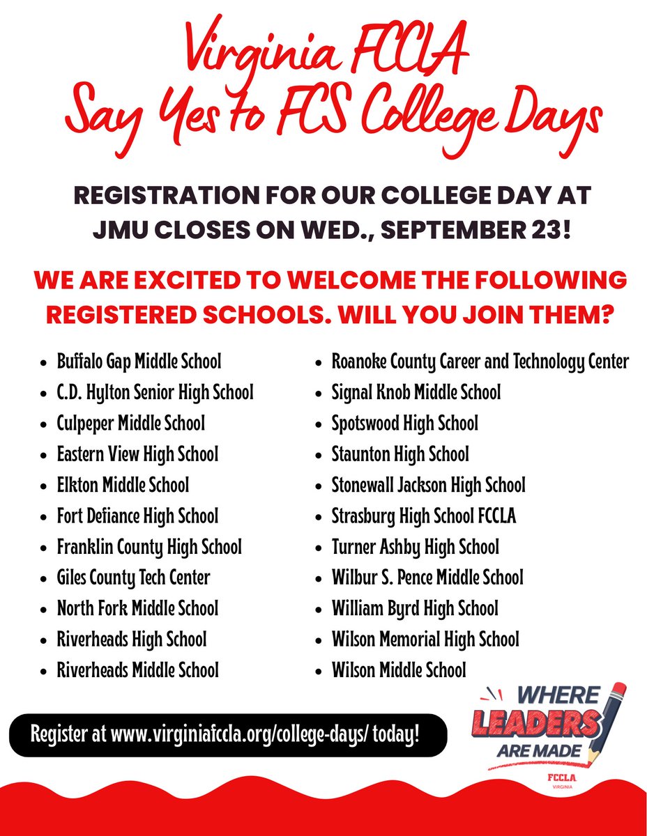 virginiafccla's tweet photo. Registration for our first of three #SayYesToFCS College Days this fall ends today!
Register now to join Virginia #FCCLA at JMU next month for an interactive session with some of our #FCCLA state officers, a campus tour, and fun with our #FCCLAfamily!
https://t.co/XsH6X2UCR3 https://t.co/lIVJqZyO3D