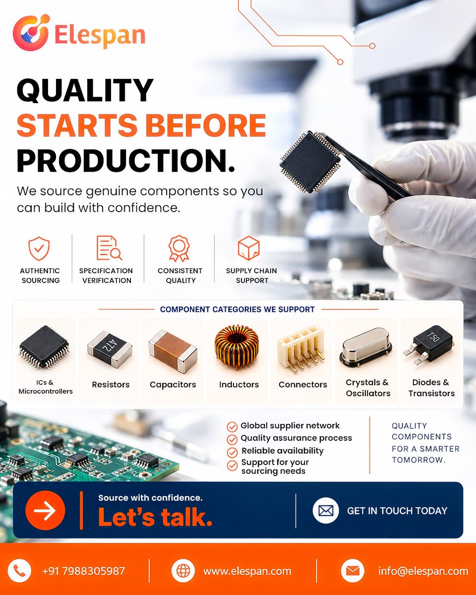 elespan_1's tweet photo. Quality starts before production. ⚡
Authentic components. Reliable supply. Confident sourcing.

🌐 https://t.co/YmHOnvuHRN
📞 +91 7988305987

#Elespan #ElectronicComponents #ComponentSourcing https://t.co/fYhIsaZ9A1