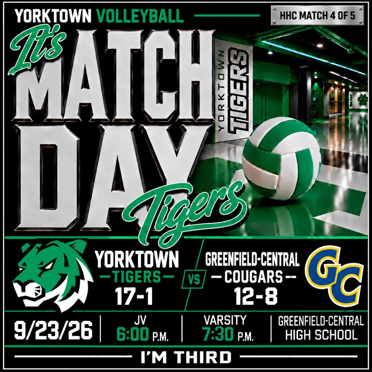 YVBTigers's tweet photo. 🏐The Tigers go on the road tonight! #ImThird
📍 Greenfield-Central High School
🆚 Greenfield-Central
🕕 JV 6:00 pm
🕢 Varsity 7:30 pm
📺 https://t.co/ccfUD8PC8v
🎟️ https://t.co/eh3jQNDSG3
@YHSAthletics @YorktownHighSch @ytownstrength @ihsvca @IHSAA1 @IndianaPrepVB @CadeHamp10 https://t.co/ij5jy2jaKY